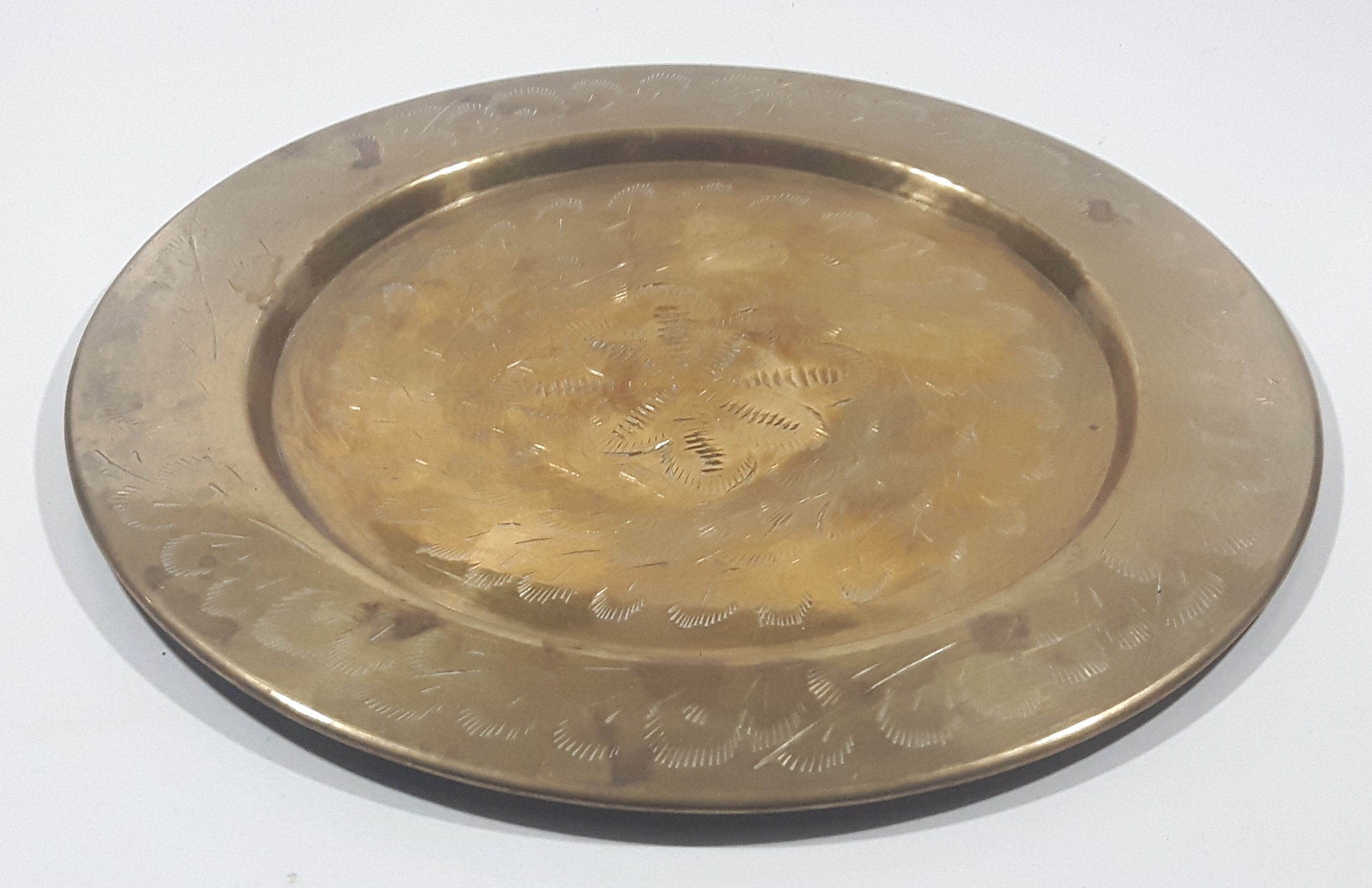 Vintage Engraved Brass Set of 4 Wine Cups and 9" Engraved Brass Serving Tray 14