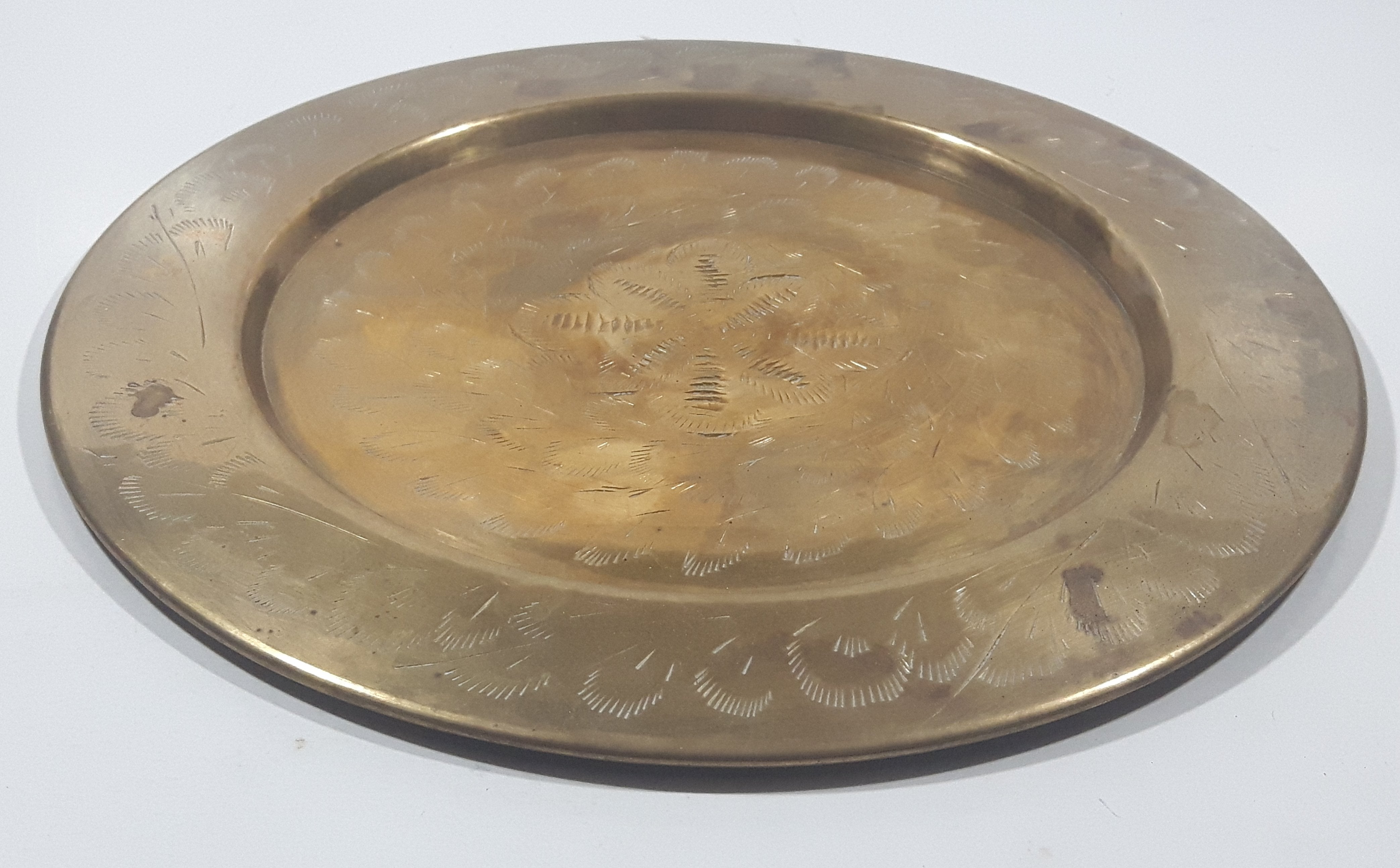 Vintage Engraved Brass Set of 4 Wine Cups and 9" Engraved Brass Serving Tray 16