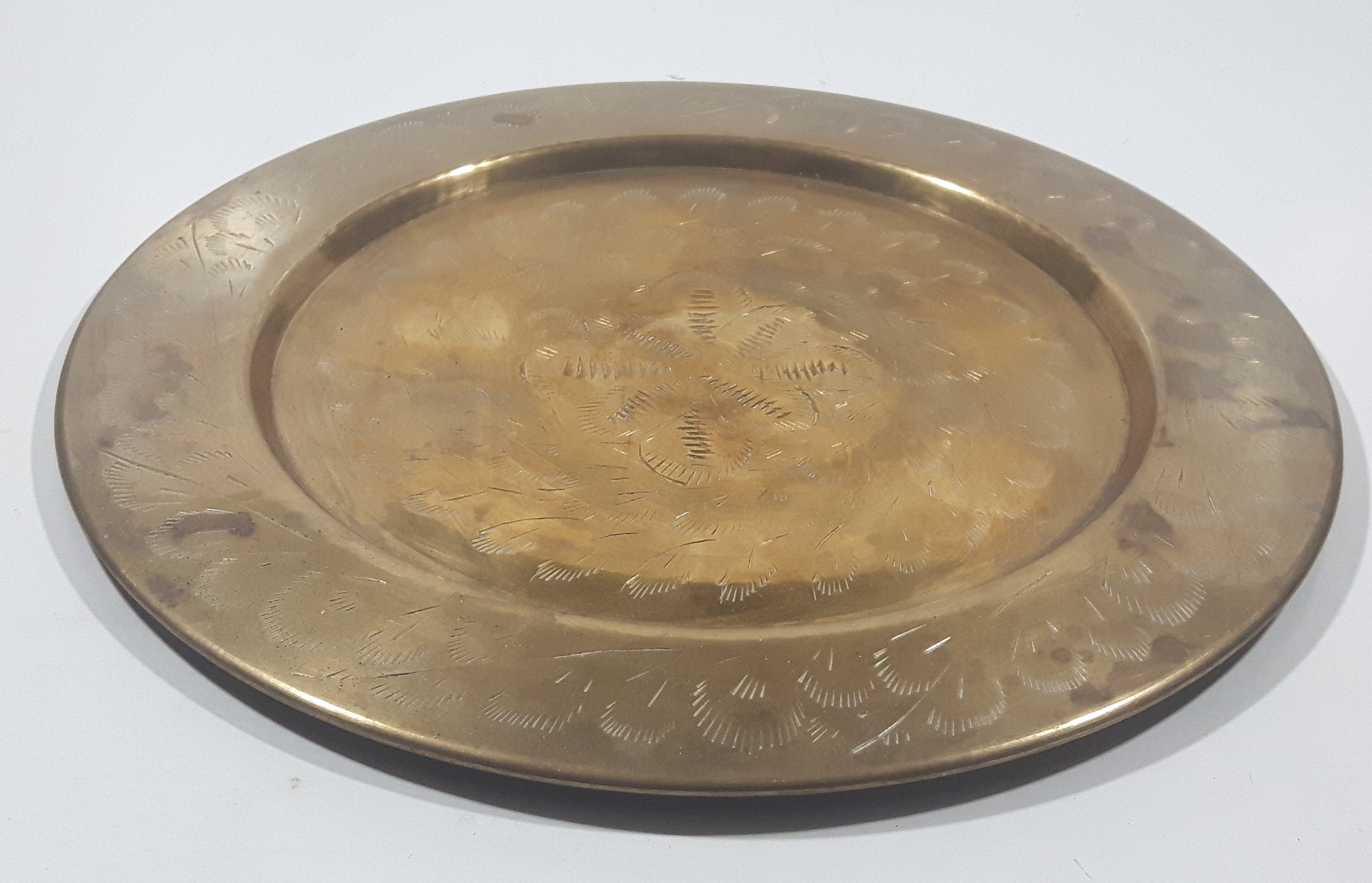 Vintage Engraved Brass Set of 4 Wine Cups and 9" Engraved Brass Serving Tray 17