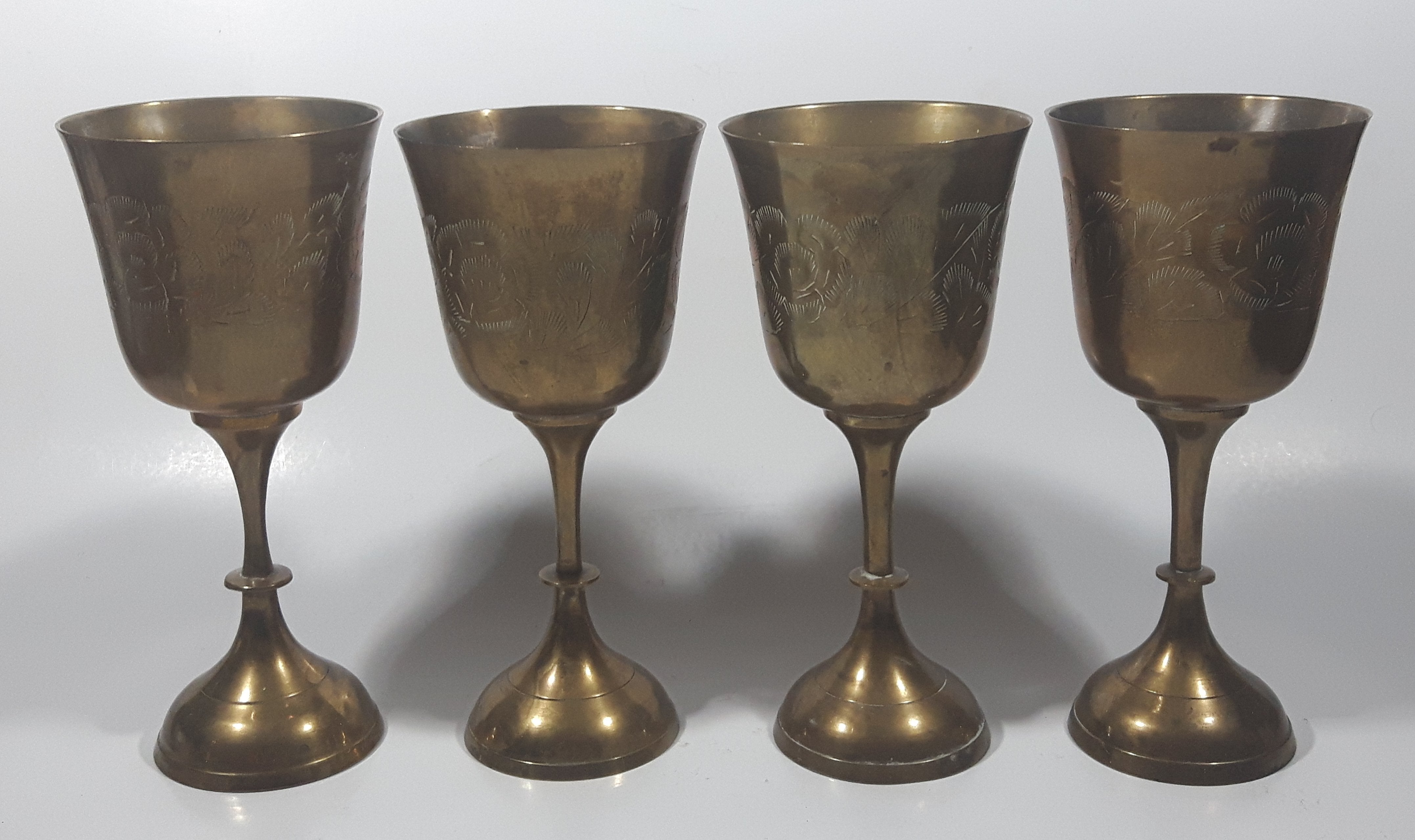 Vintage Engraved Brass Set of 4 Wine Cups and 9" Engraved Brass Serving Tray 19