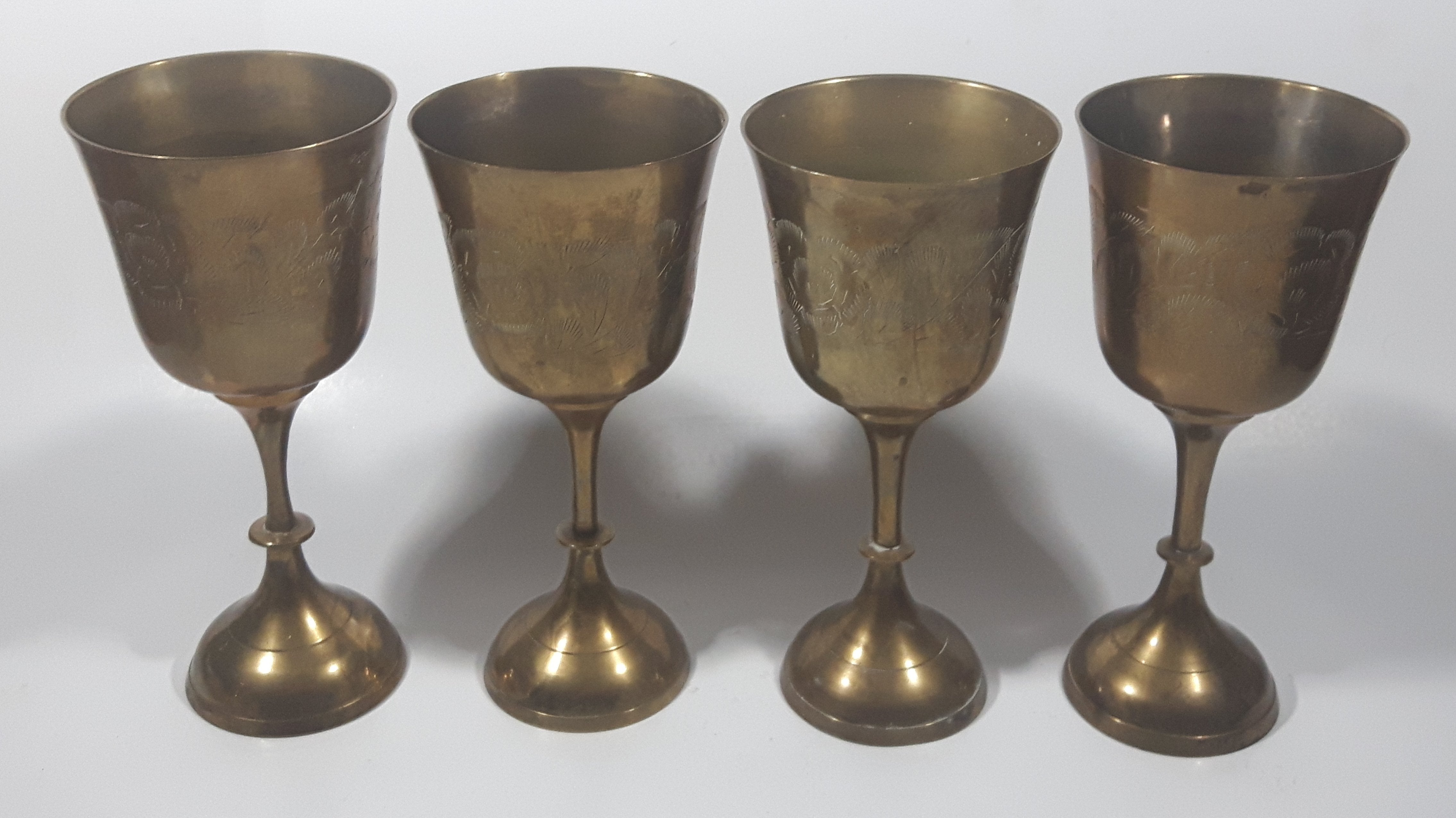 Vintage Engraved Brass Set of 4 Wine Cups and 9" Engraved Brass Serving Tray 20