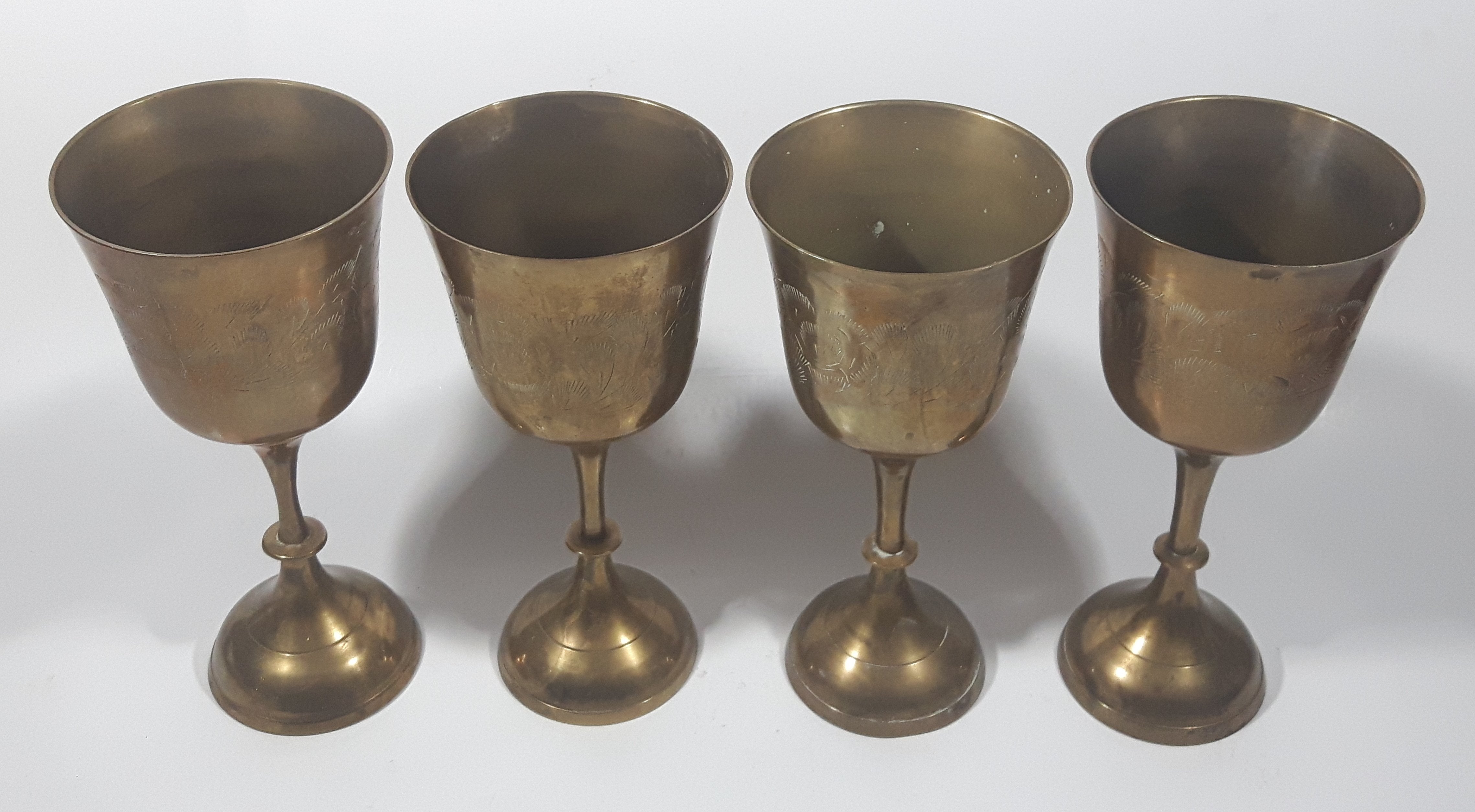 Vintage Engraved Brass Set of 4 Wine Cups and 9" Engraved Brass Serving Tray 21