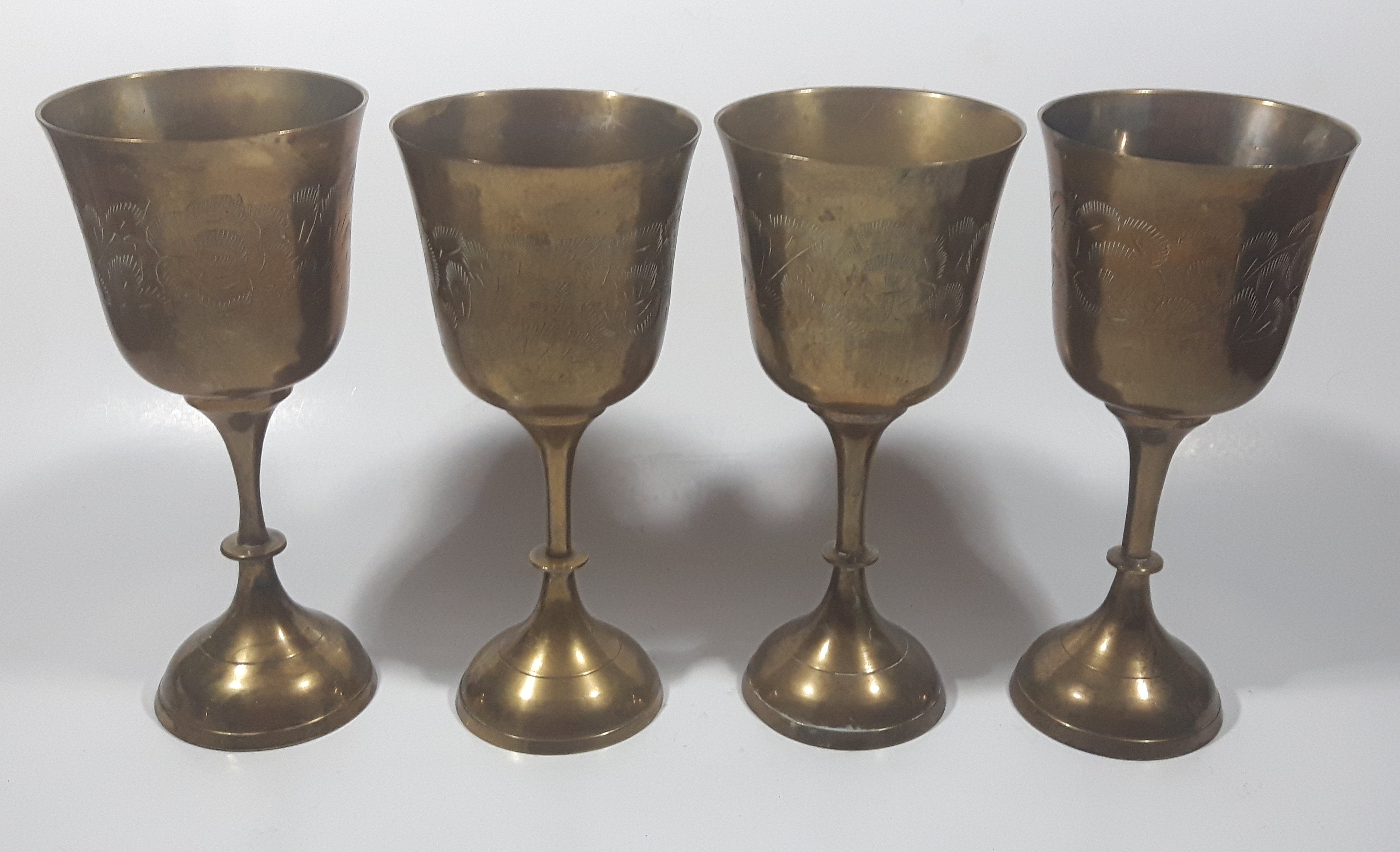 Vintage Engraved Brass Set of 4 Wine Cups and 9" Engraved Brass Serving Tray 22