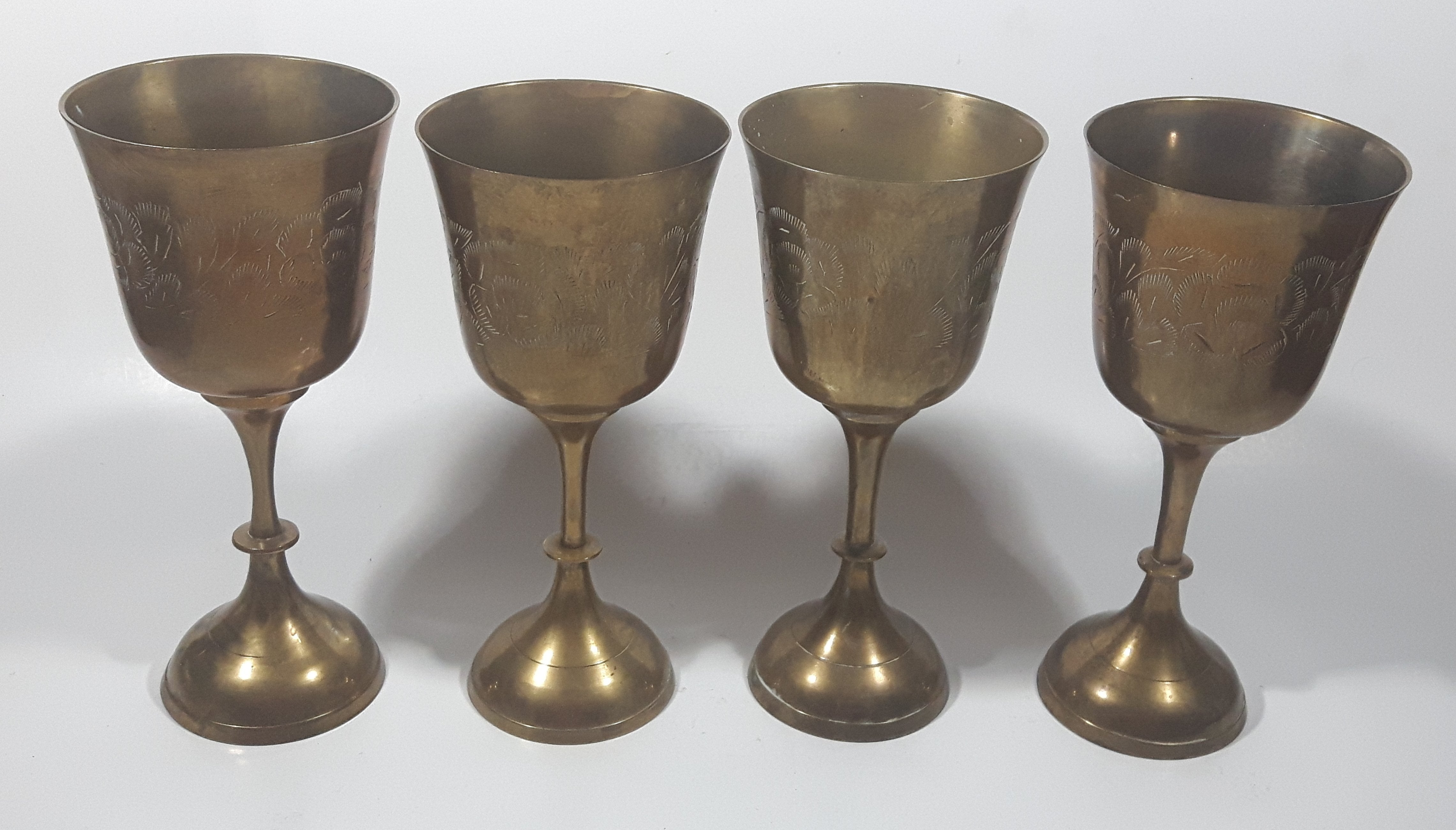 Vintage Engraved Brass Set of 4 Wine Cups and 9" Engraved Brass Serving Tray 23