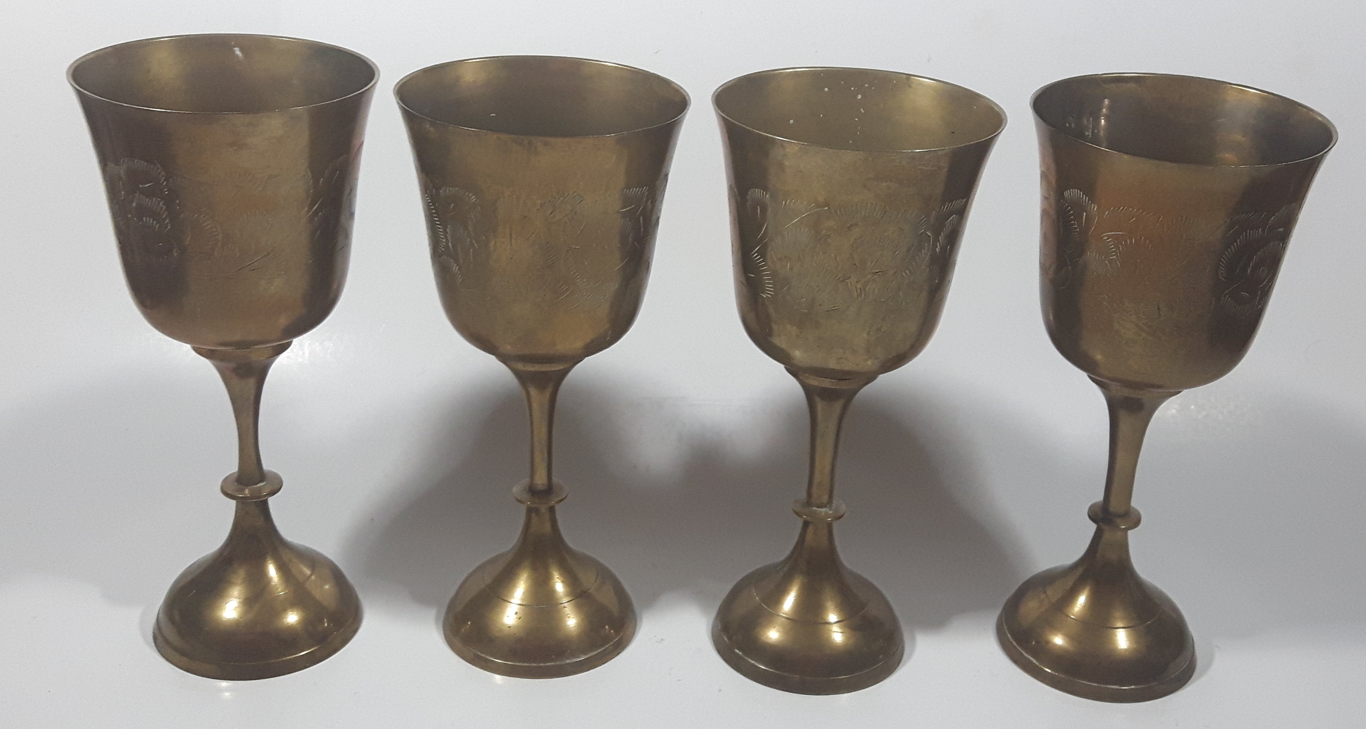 Vintage Engraved Brass Set of 4 Wine Cups and 9" Engraved Brass Serving Tray 24