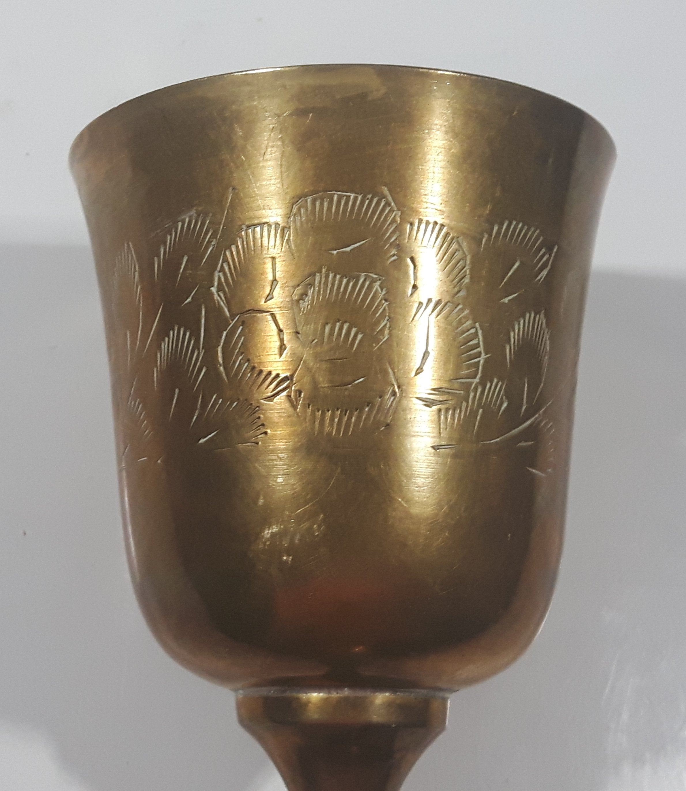Vintage Engraved Brass Set of 4 Wine Cups and 9" Engraved Brass Serving Tray 25