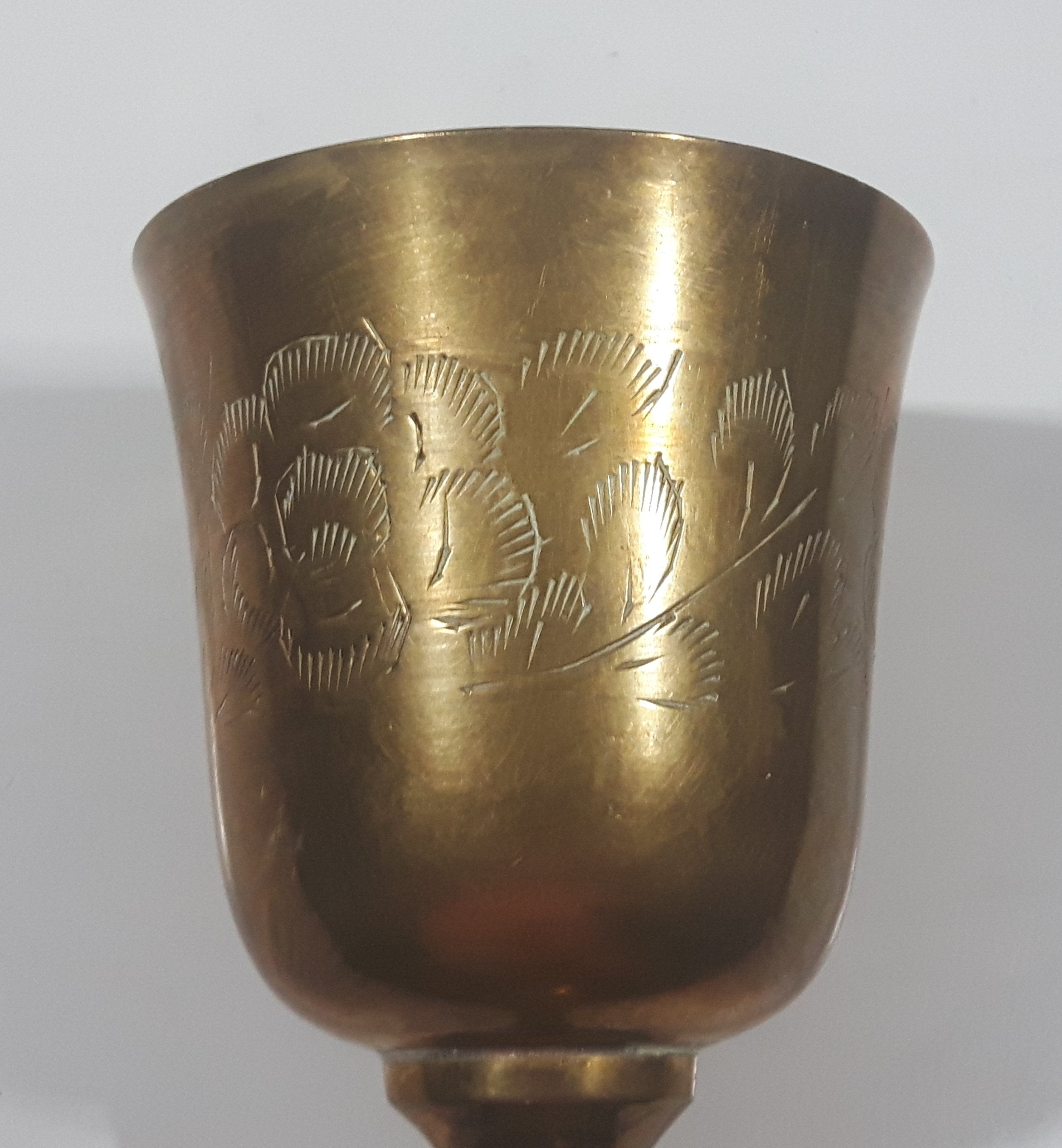 Vintage Engraved Brass Set of 4 Wine Cups and 9" Engraved Brass Serving Tray 26