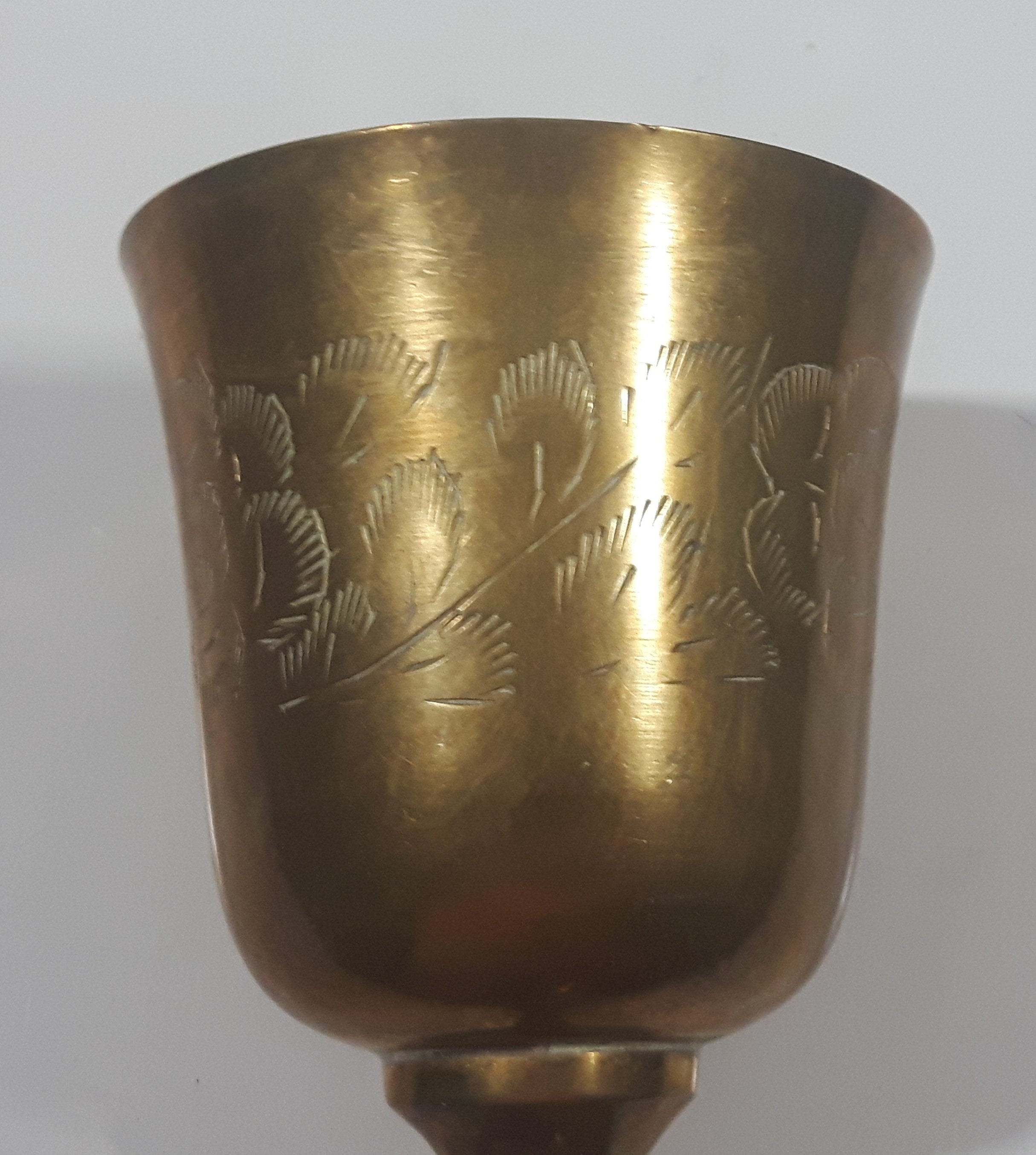 Vintage Engraved Brass Set of 4 Wine Cups and 9" Engraved Brass Serving Tray 27