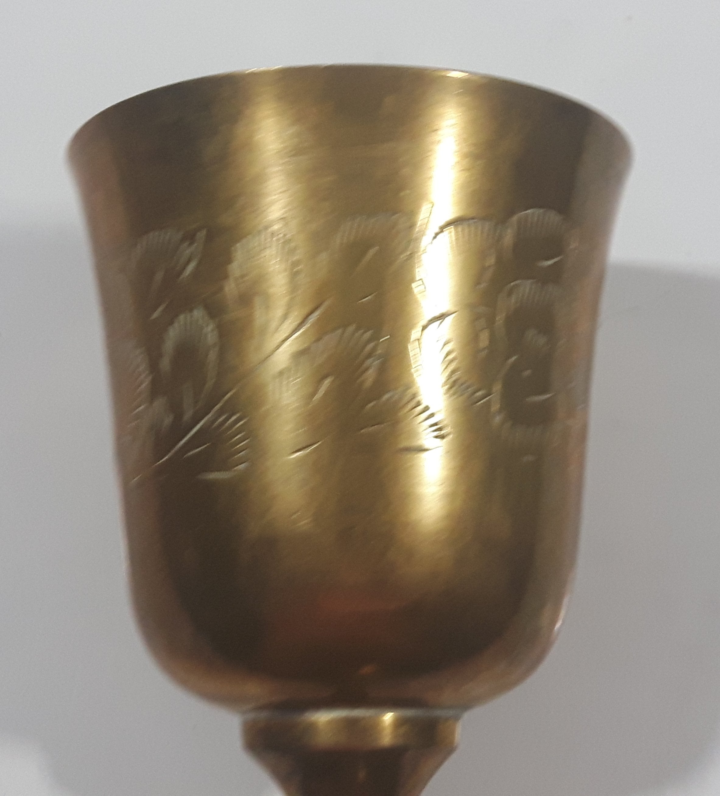 Vintage Engraved Brass Set of 4 Wine Cups and 9" Engraved Brass Serving Tray 28