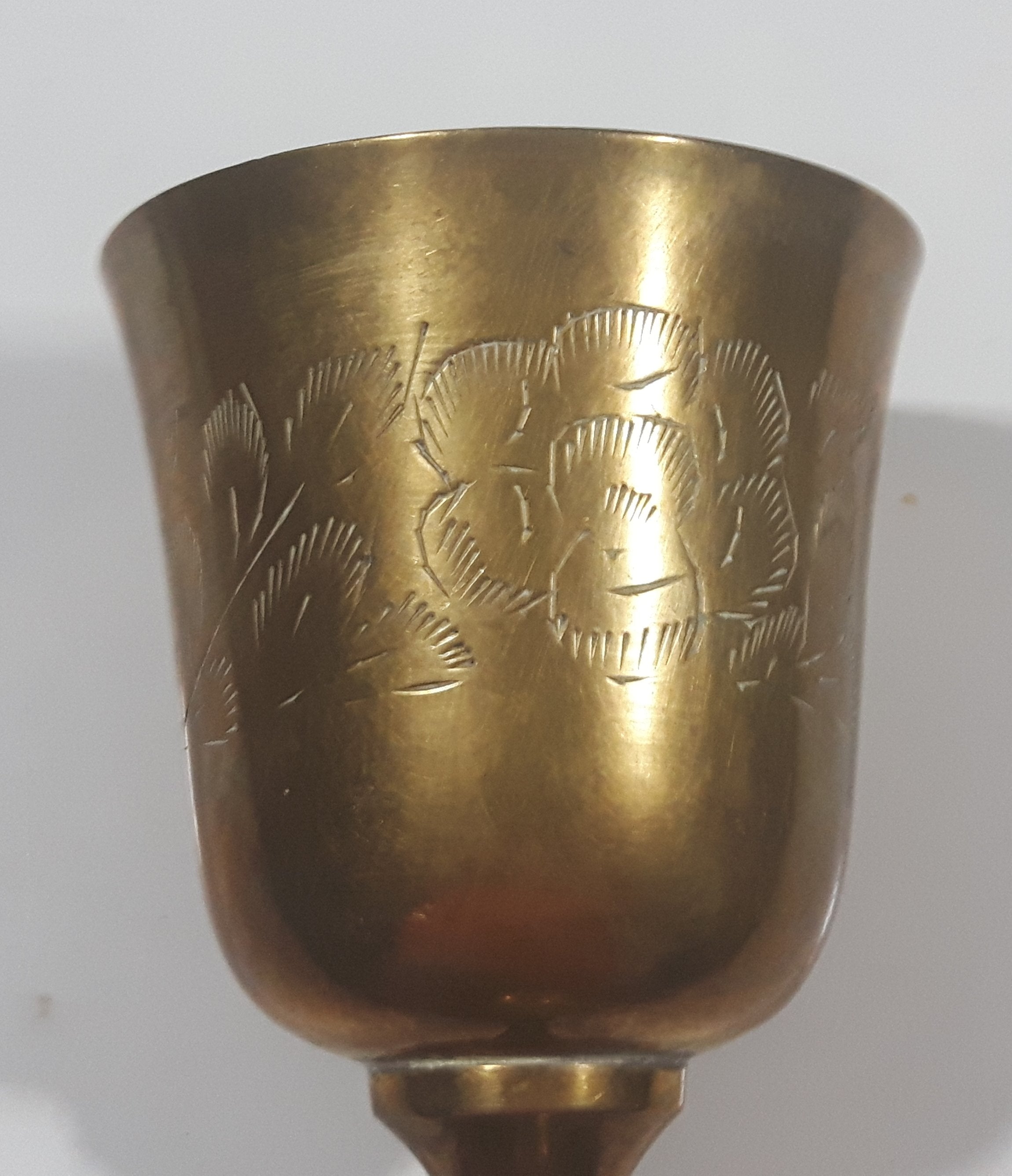 Vintage Engraved Brass Set of 4 Wine Cups and 9" Engraved Brass Serving Tray 29