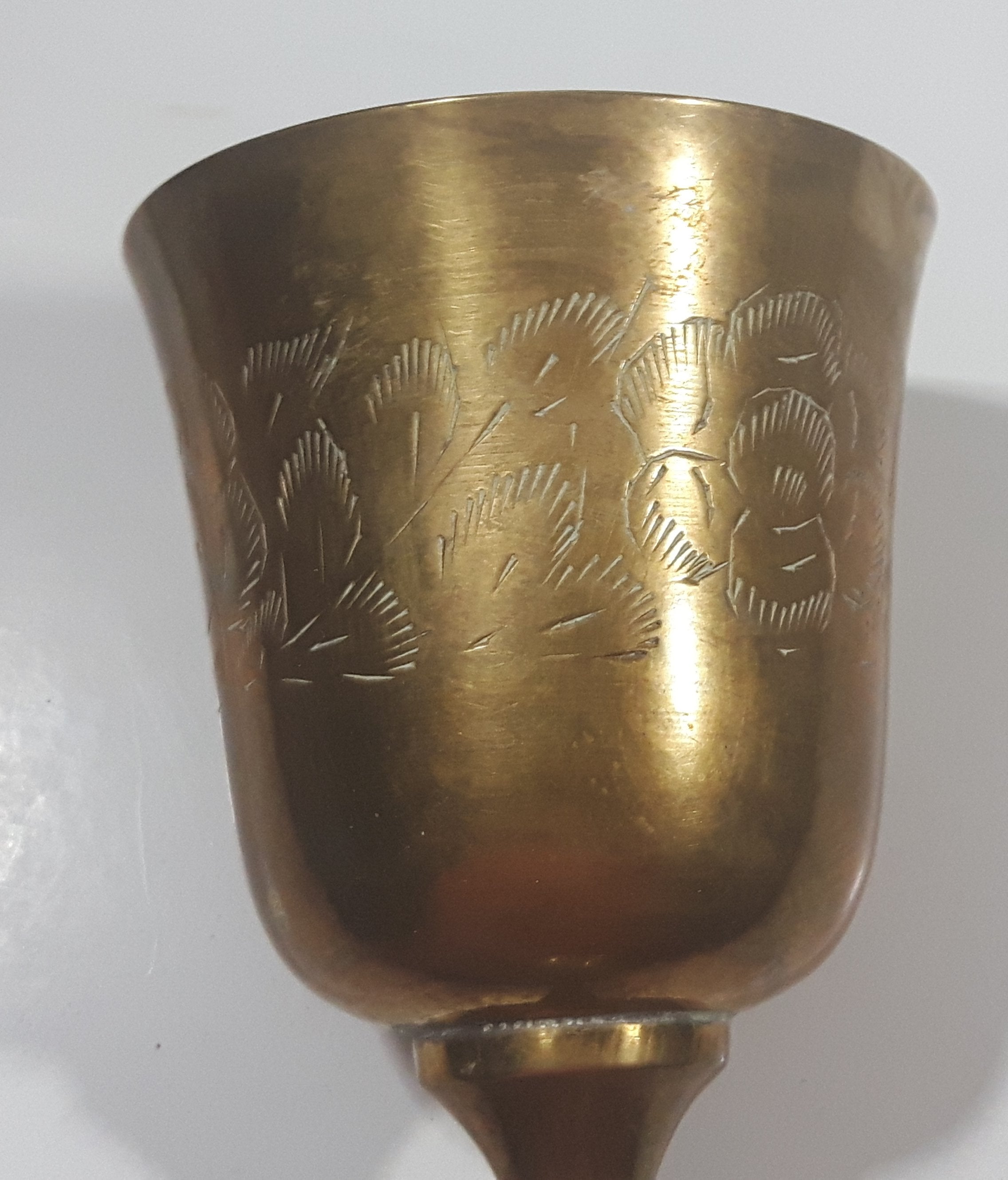 Vintage Engraved Brass Set of 4 Wine Cups and 9" Engraved Brass Serving Tray 32