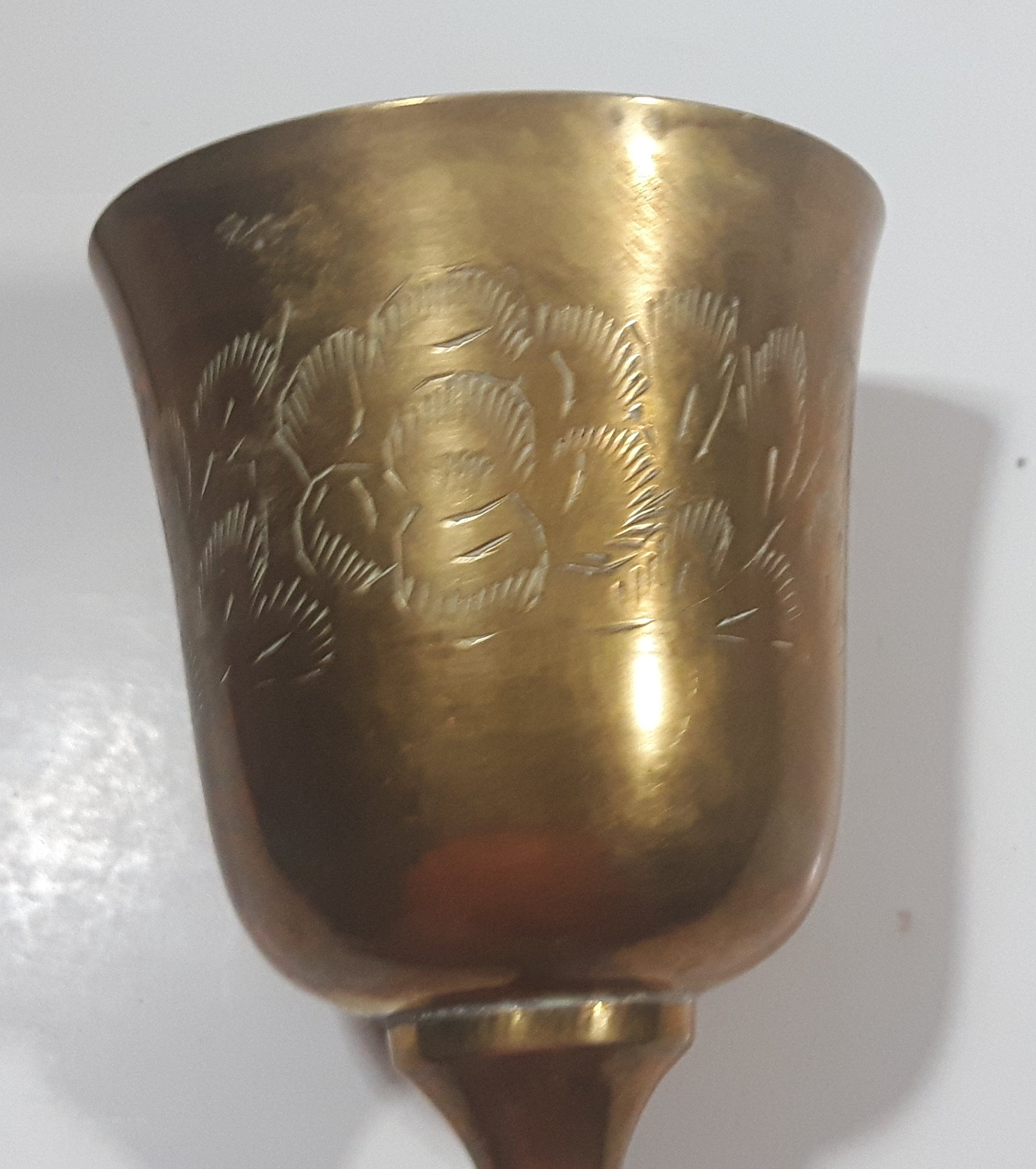 Vintage Engraved Brass Set of 4 Wine Cups and 9" Engraved Brass Serving Tray 33