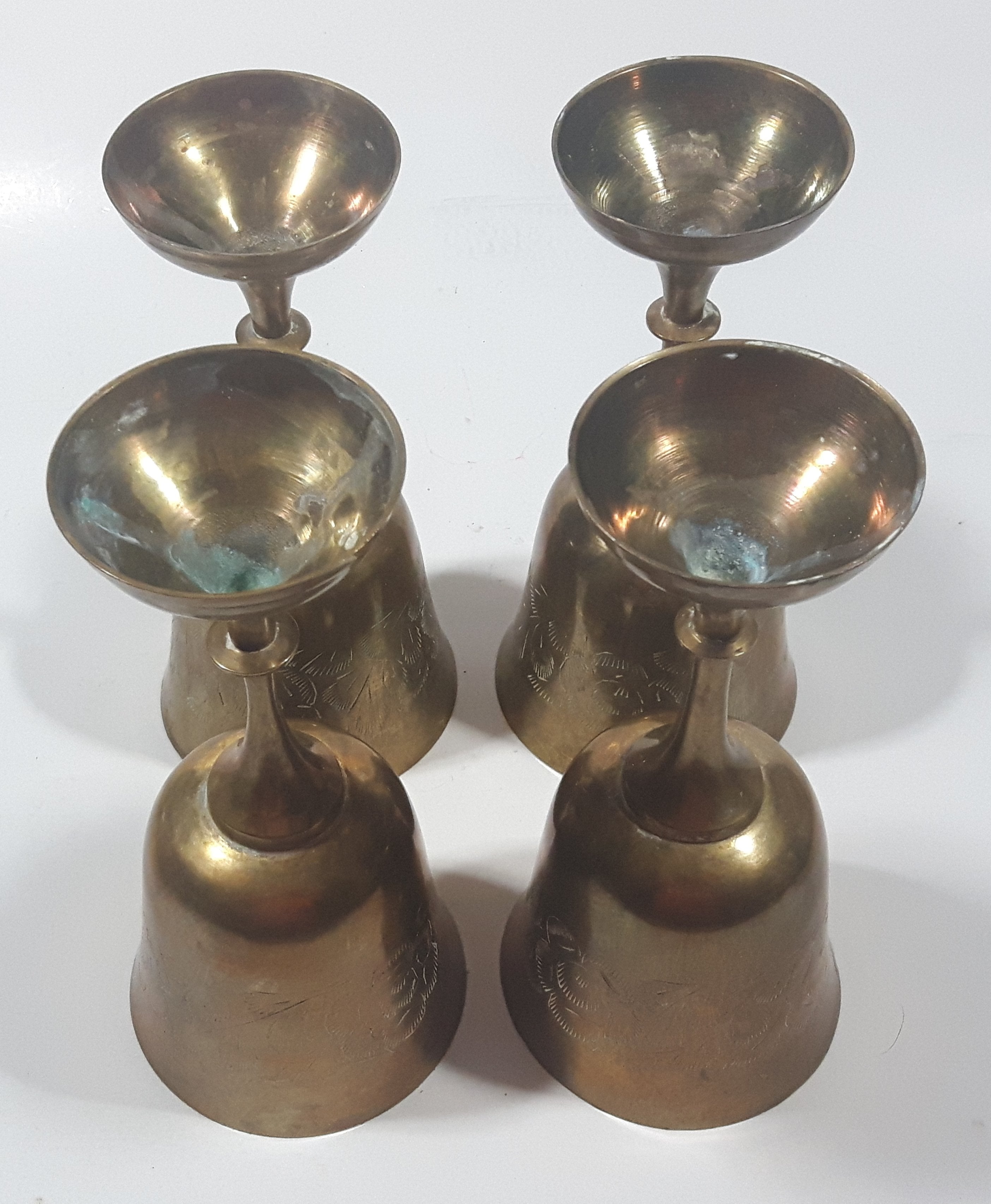Vintage Engraved Brass Set of 4 Wine Cups and 9" Engraved Brass Serving Tray 35