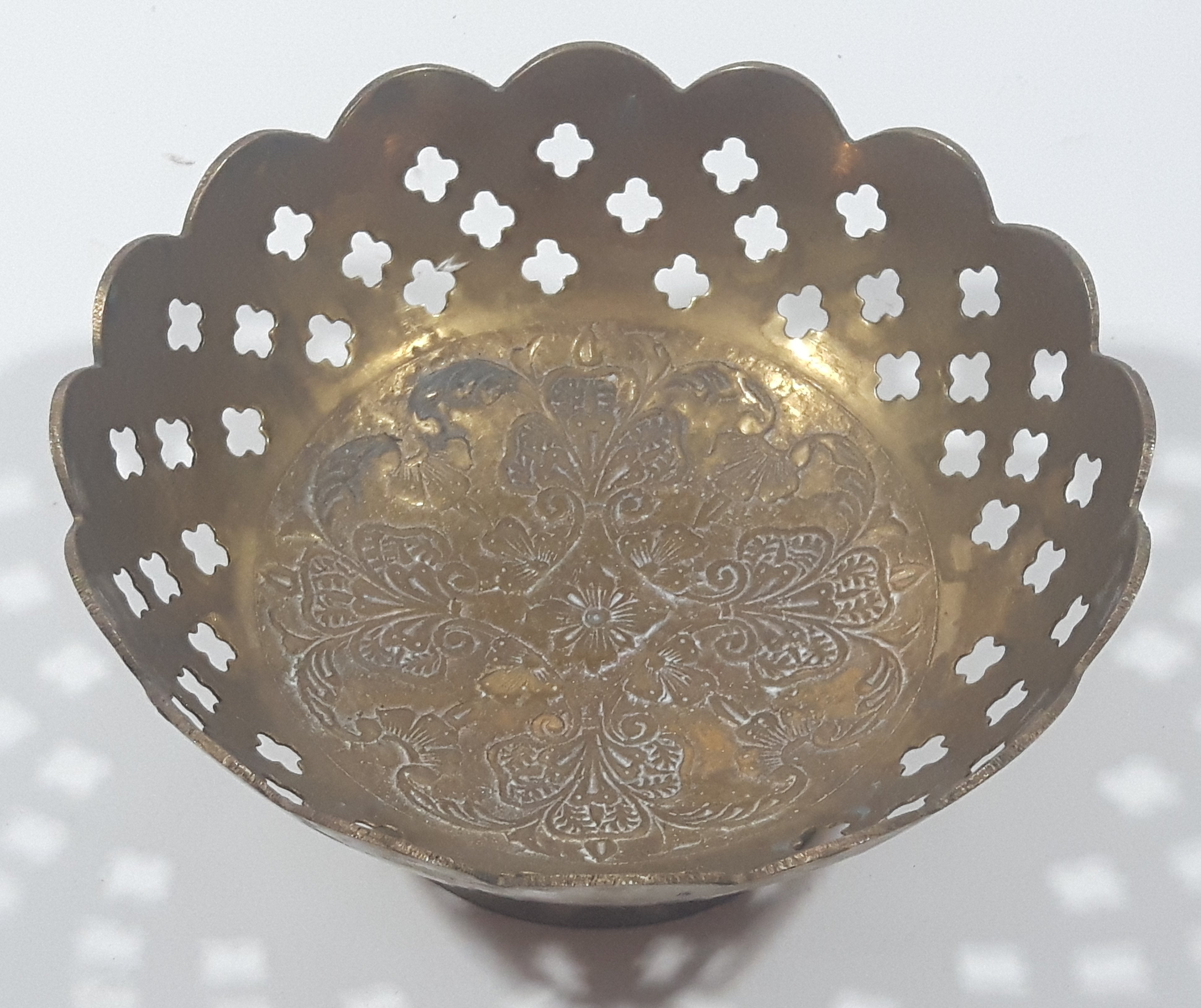 Vintage Ornate Engraved Brass 4 3/4" Wide Pedestal Candy Dish