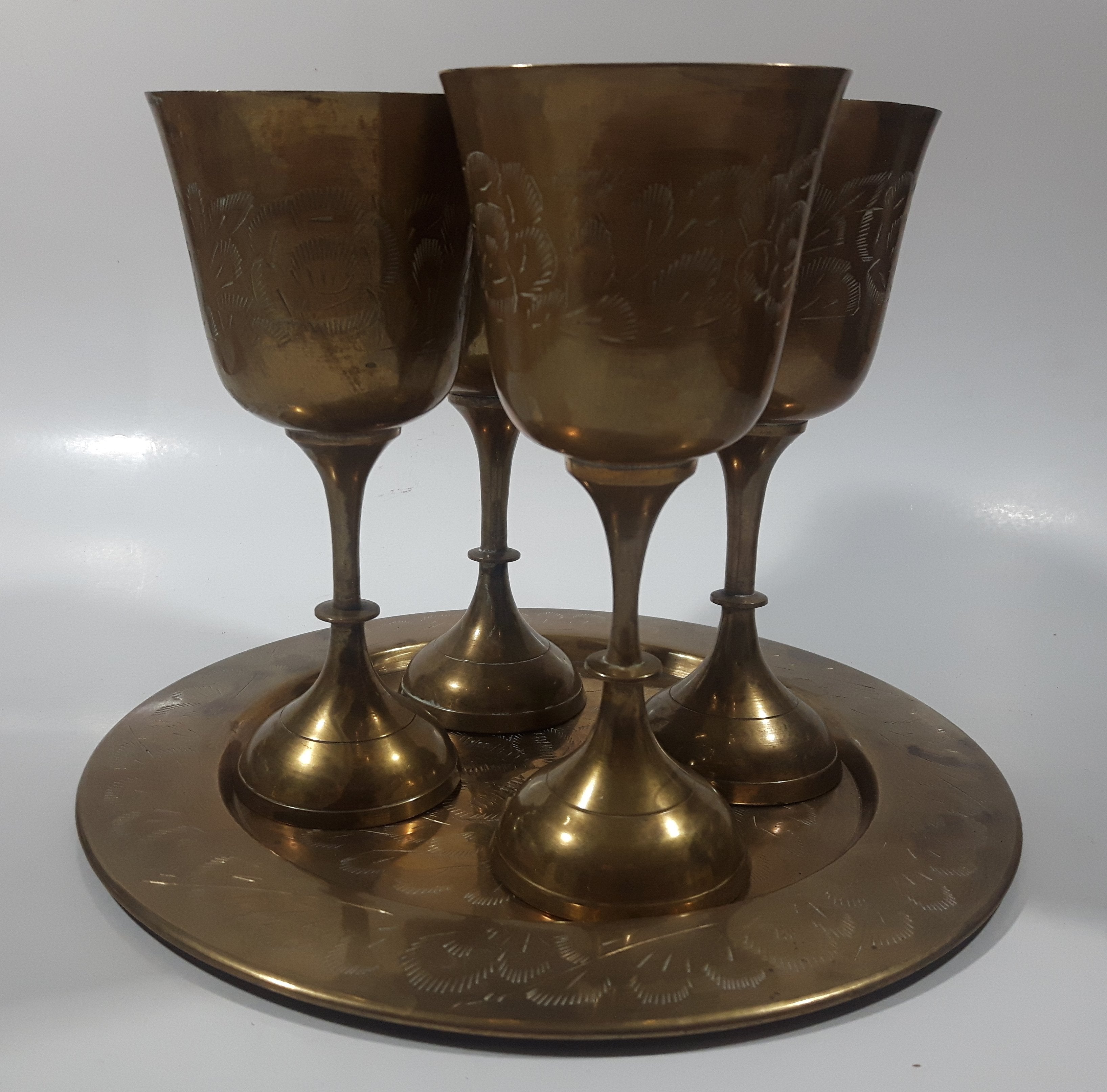 Vintage Engraved Brass Set of 4 Wine Cups and 9" Engraved Brass Serving Tray 7
