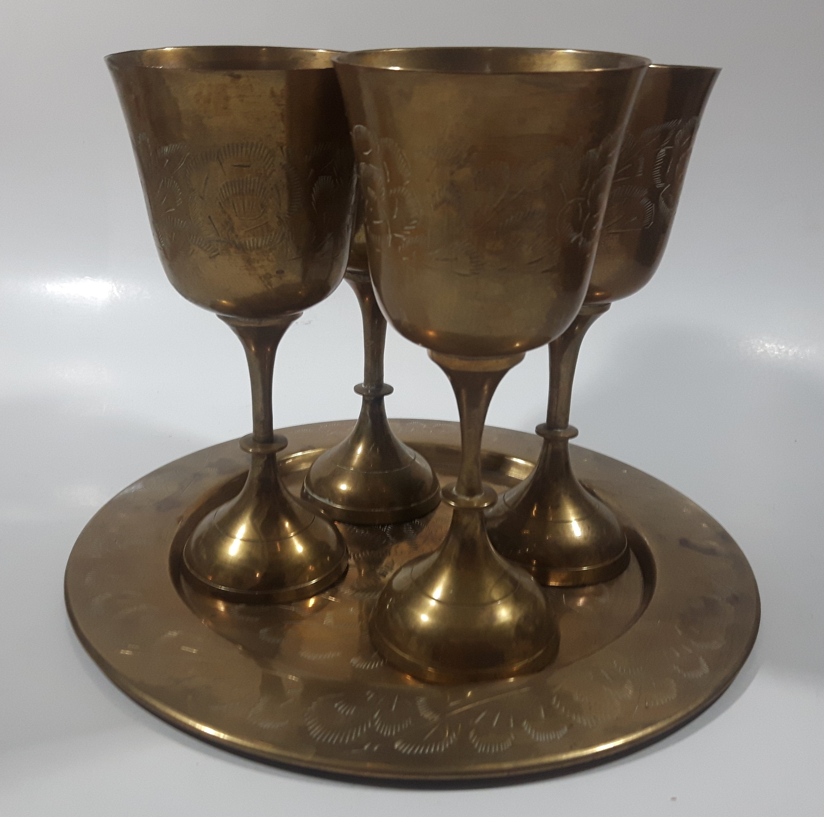 Vintage Engraved Brass Set of 4 Wine Cups and 9" Engraved Brass Serving Tray 8