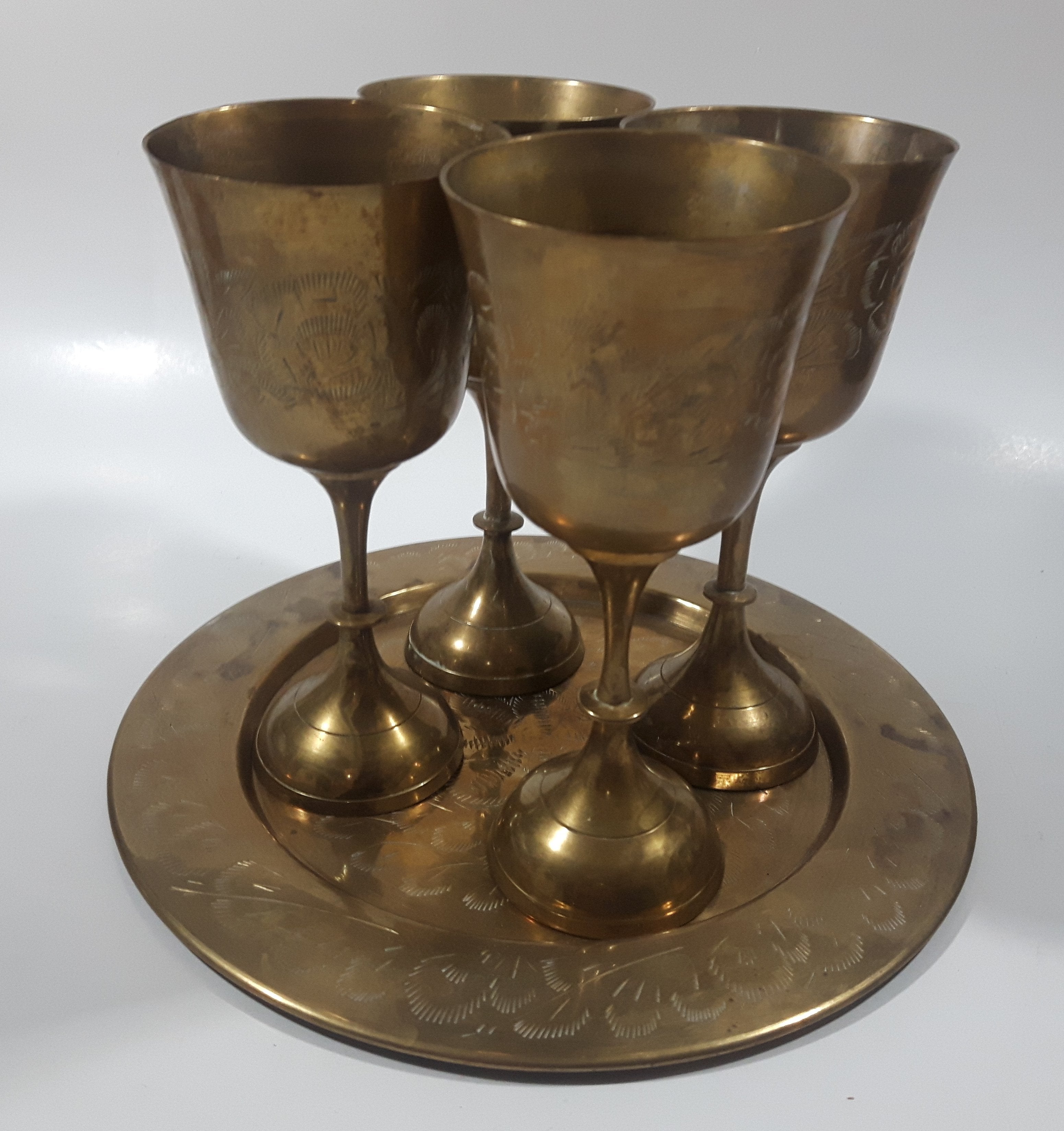 Vintage Engraved Brass Set of 4 Wine Cups and 9" Engraved Brass Serving Tray 9