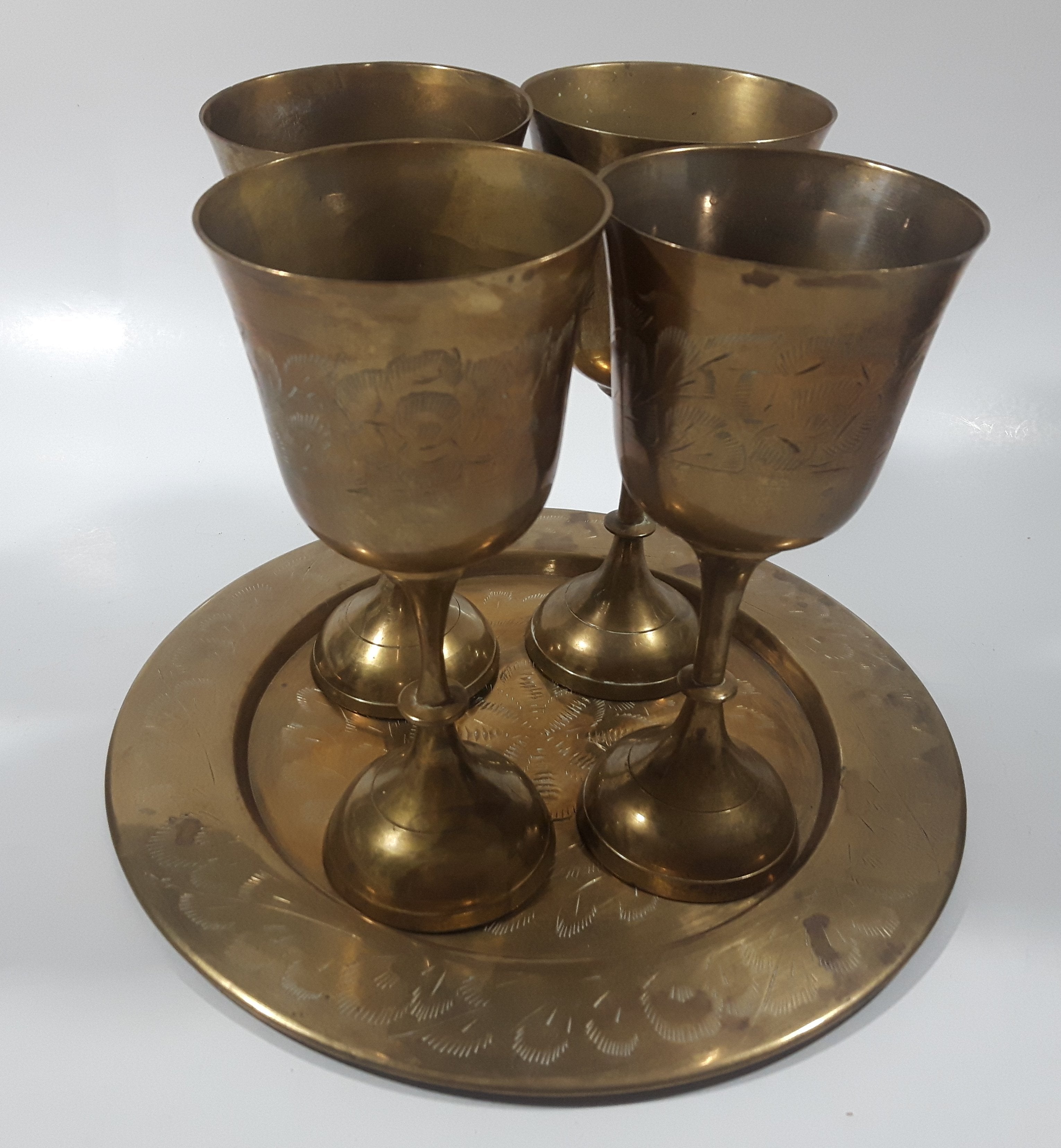 Vintage Engraved Brass Set of 4 Wine Cups and 9" Engraved Brass Serving Tray 10