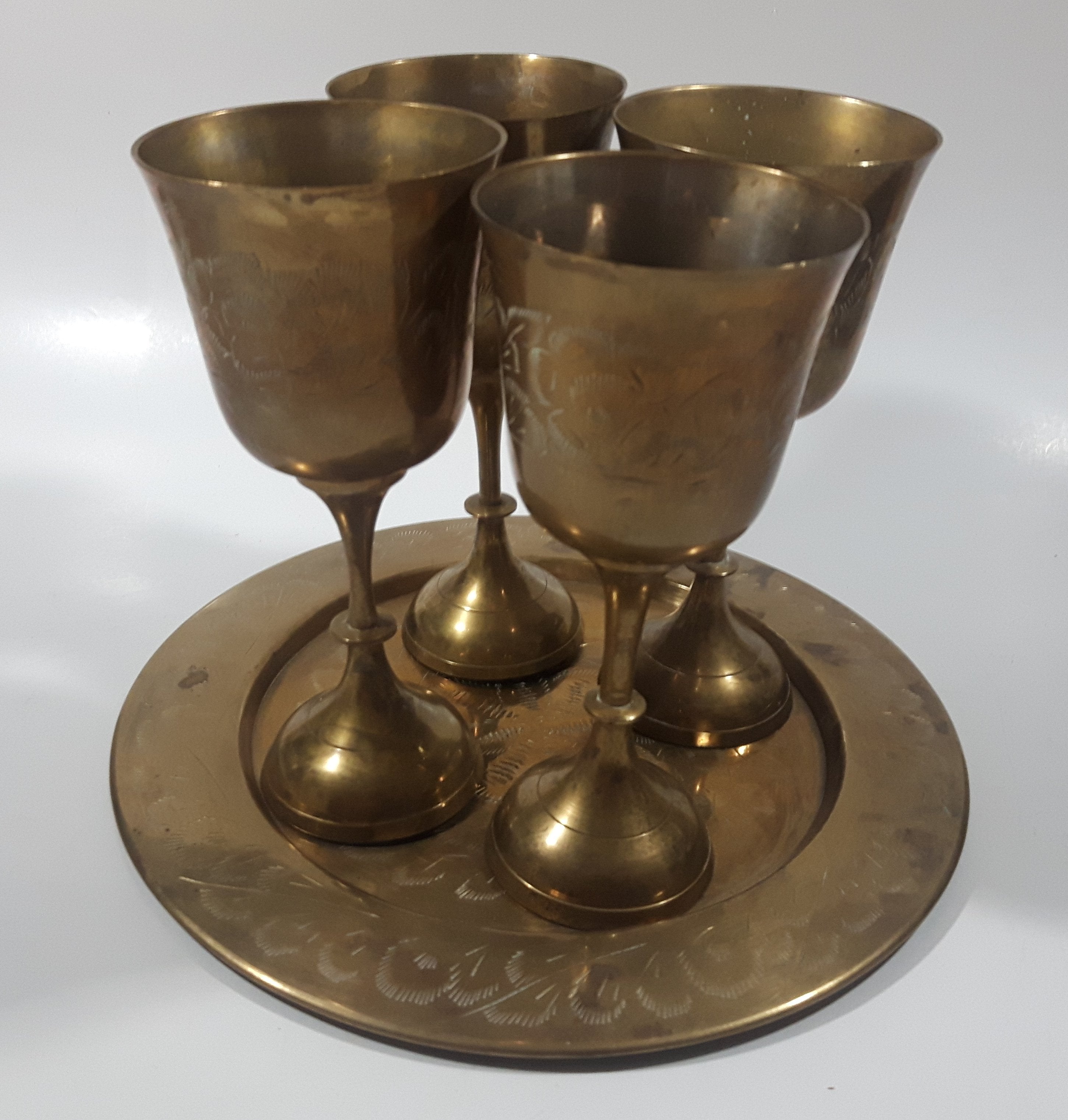 Vintage Engraved Brass Set of 4 Wine Cups and 9" Engraved Brass Serving Tray 11