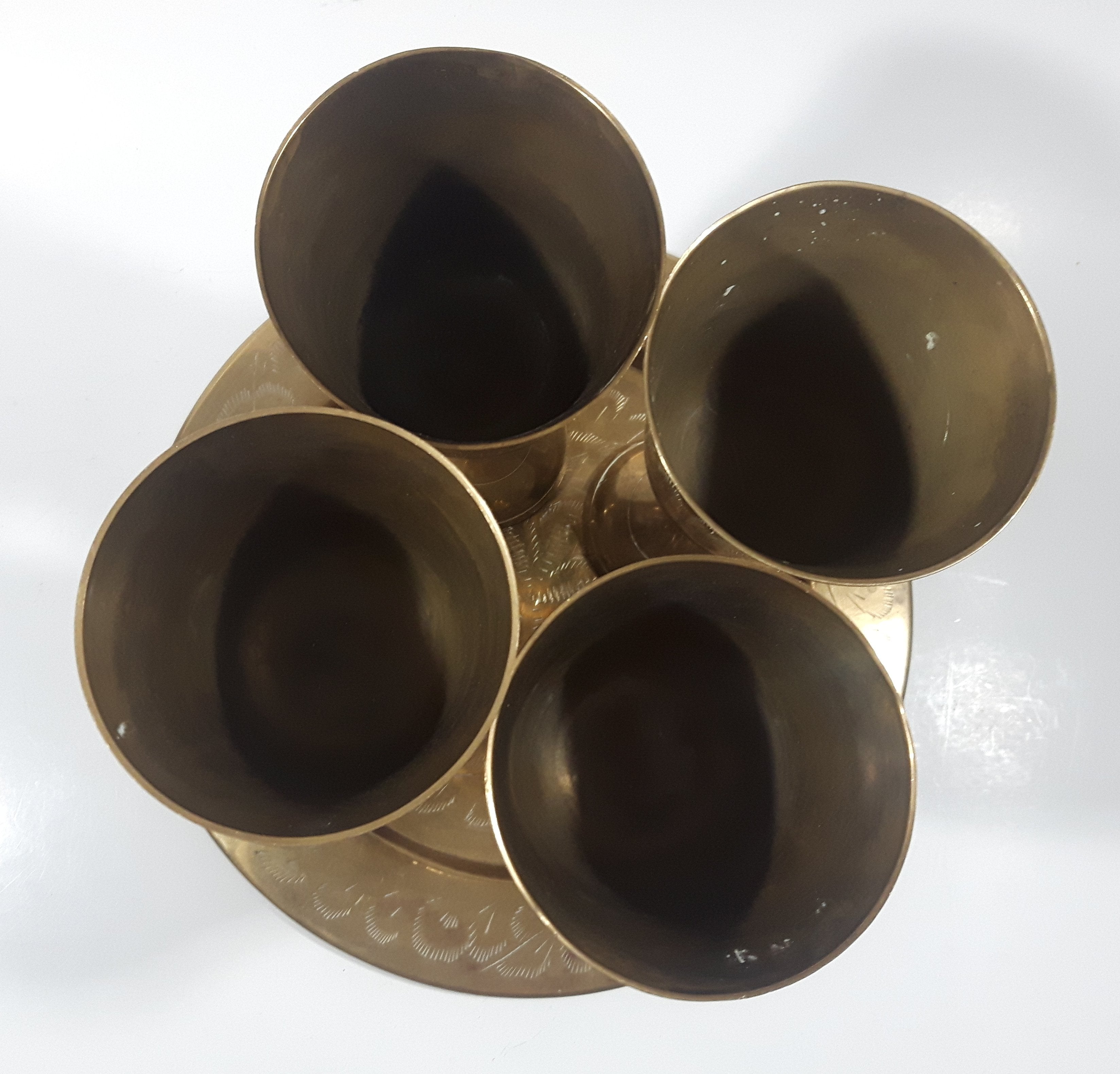 Vintage Engraved Brass Set of 4 Wine Cups and 9" Engraved Brass Serving Tray 12