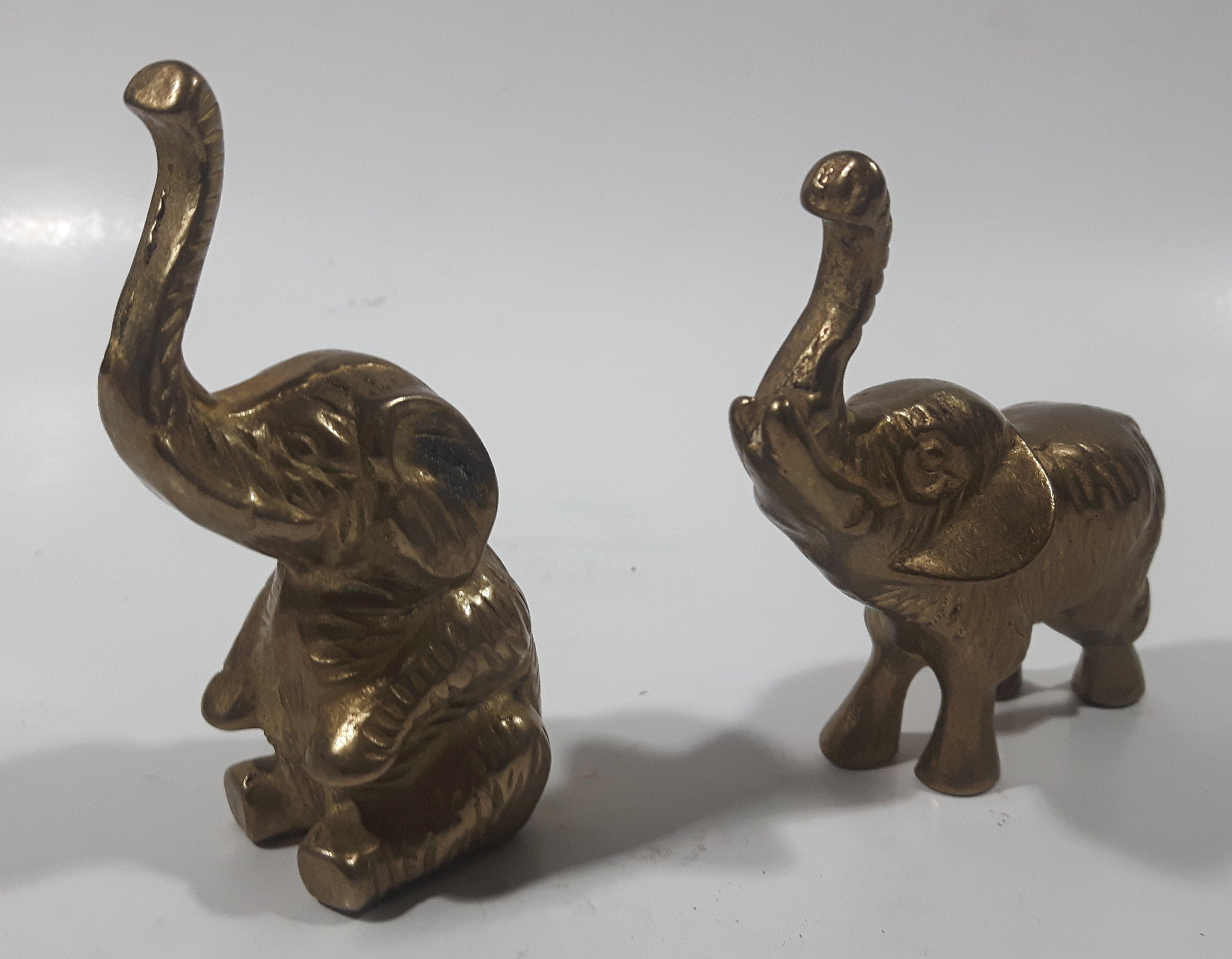 Vintage Brass Elephant Sculptures Sitting and Standing Set of 2 2