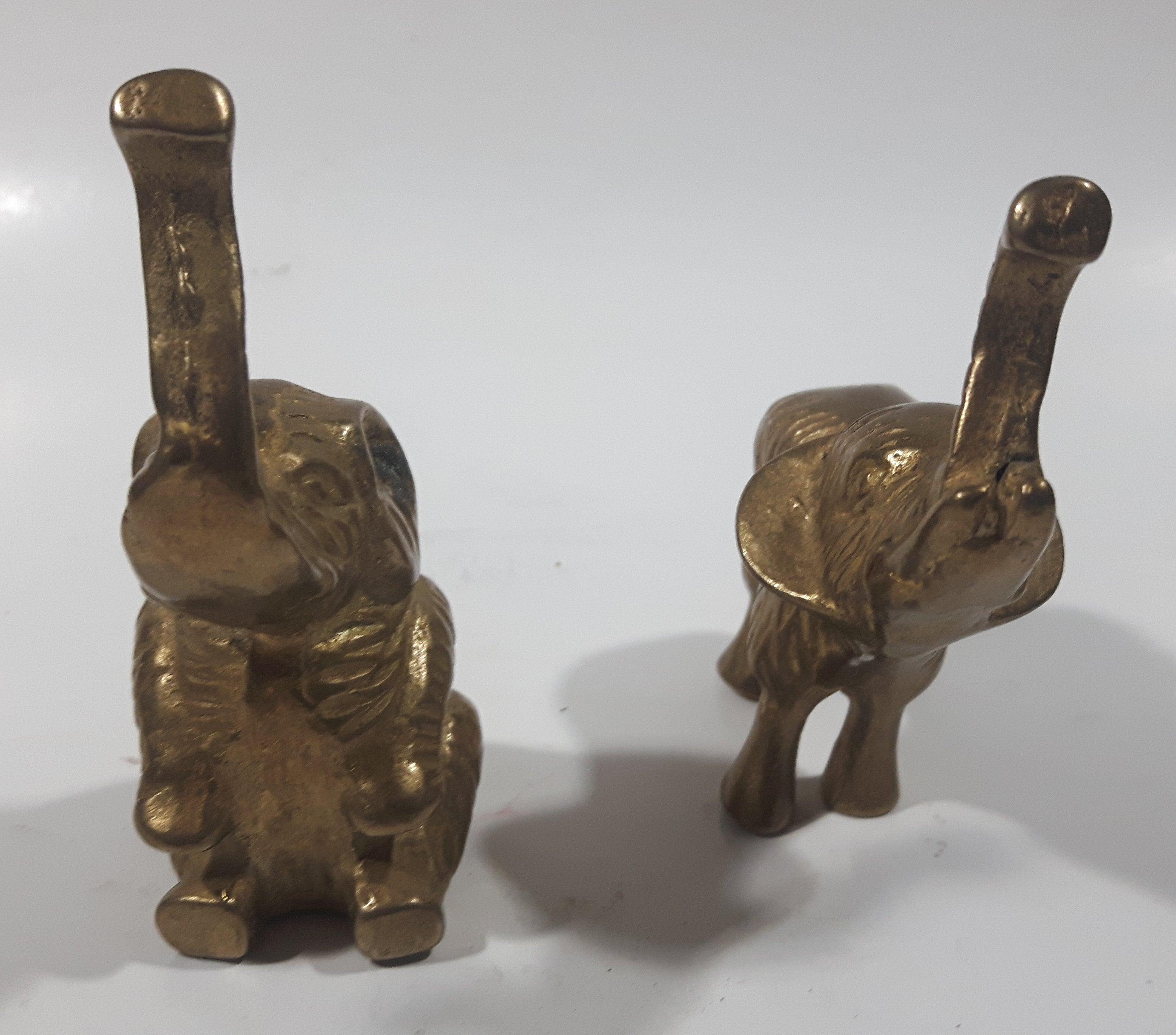 Vintage Brass Elephant Sculptures Sitting and Standing Set of 2 3
