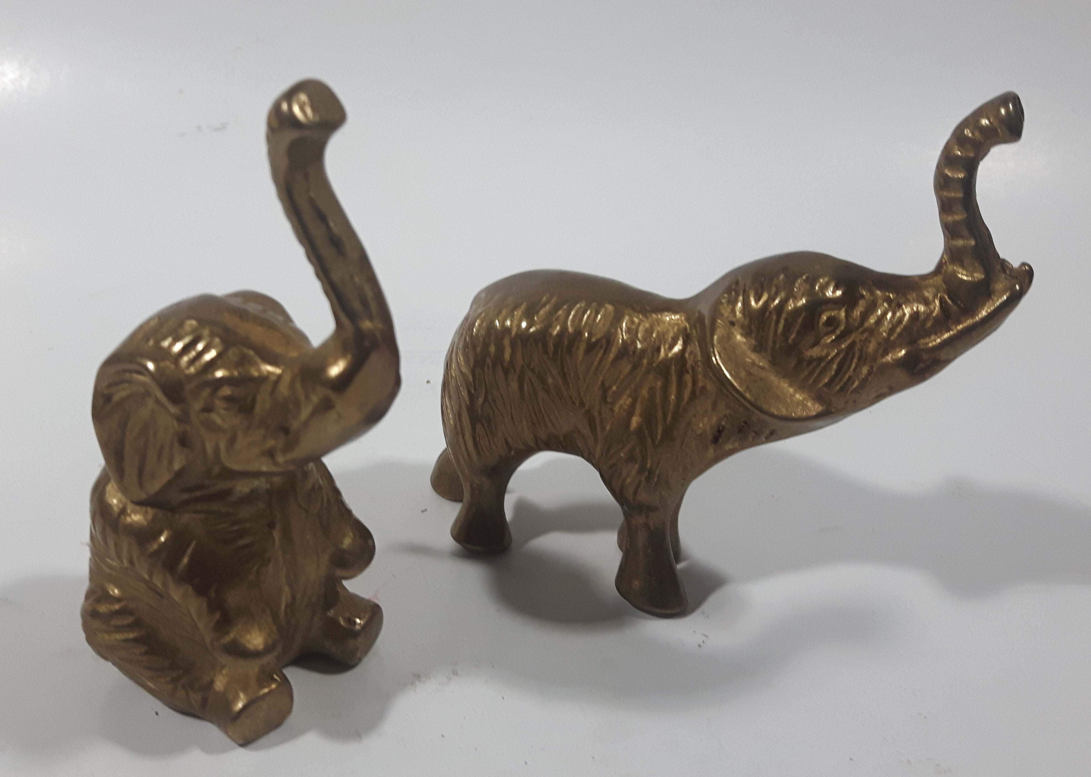 Vintage Brass Elephant Sculptures Sitting and Standing Set of 2 4