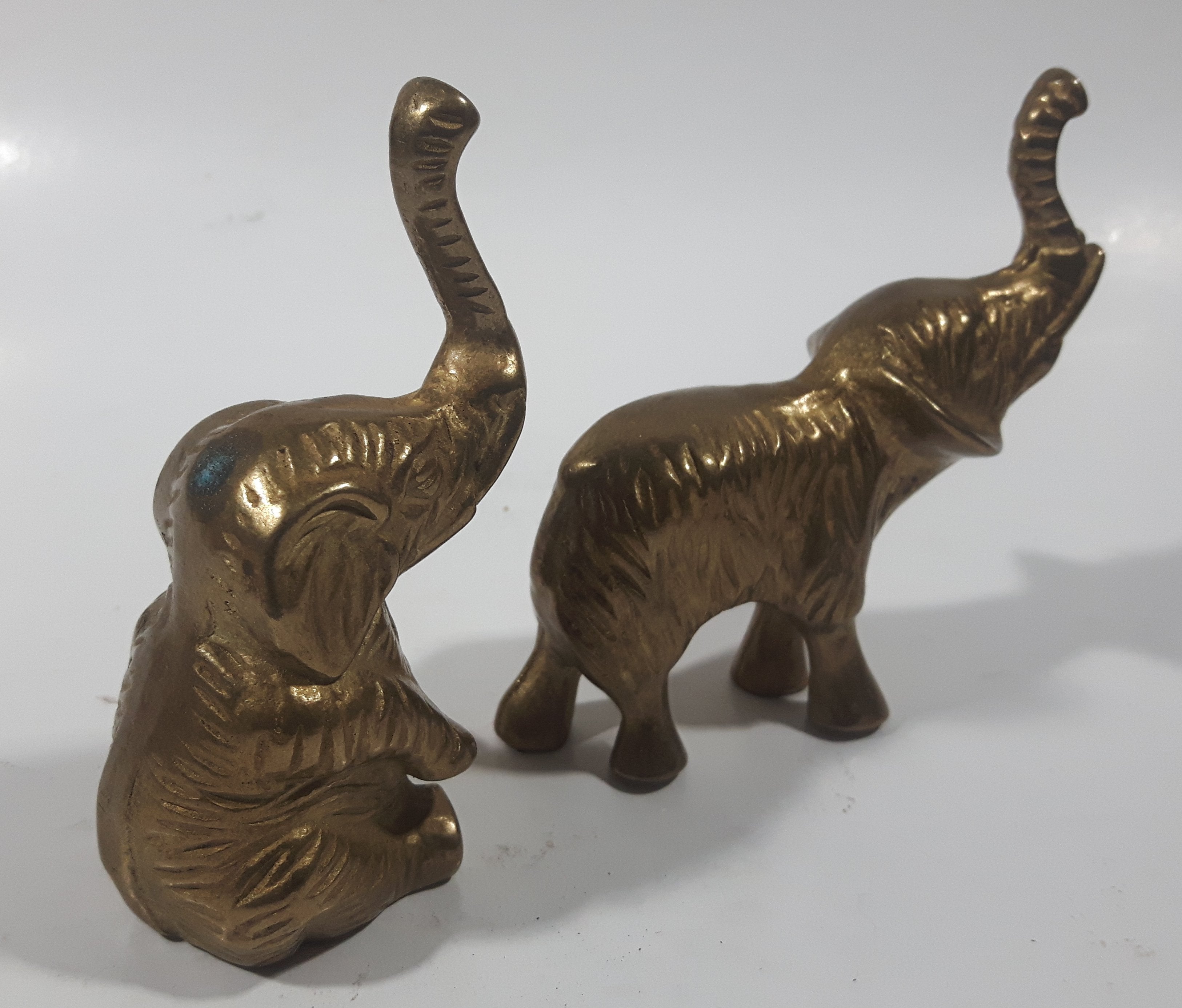 Vintage Brass Elephant Sculptures Sitting and Standing Set of 2 5