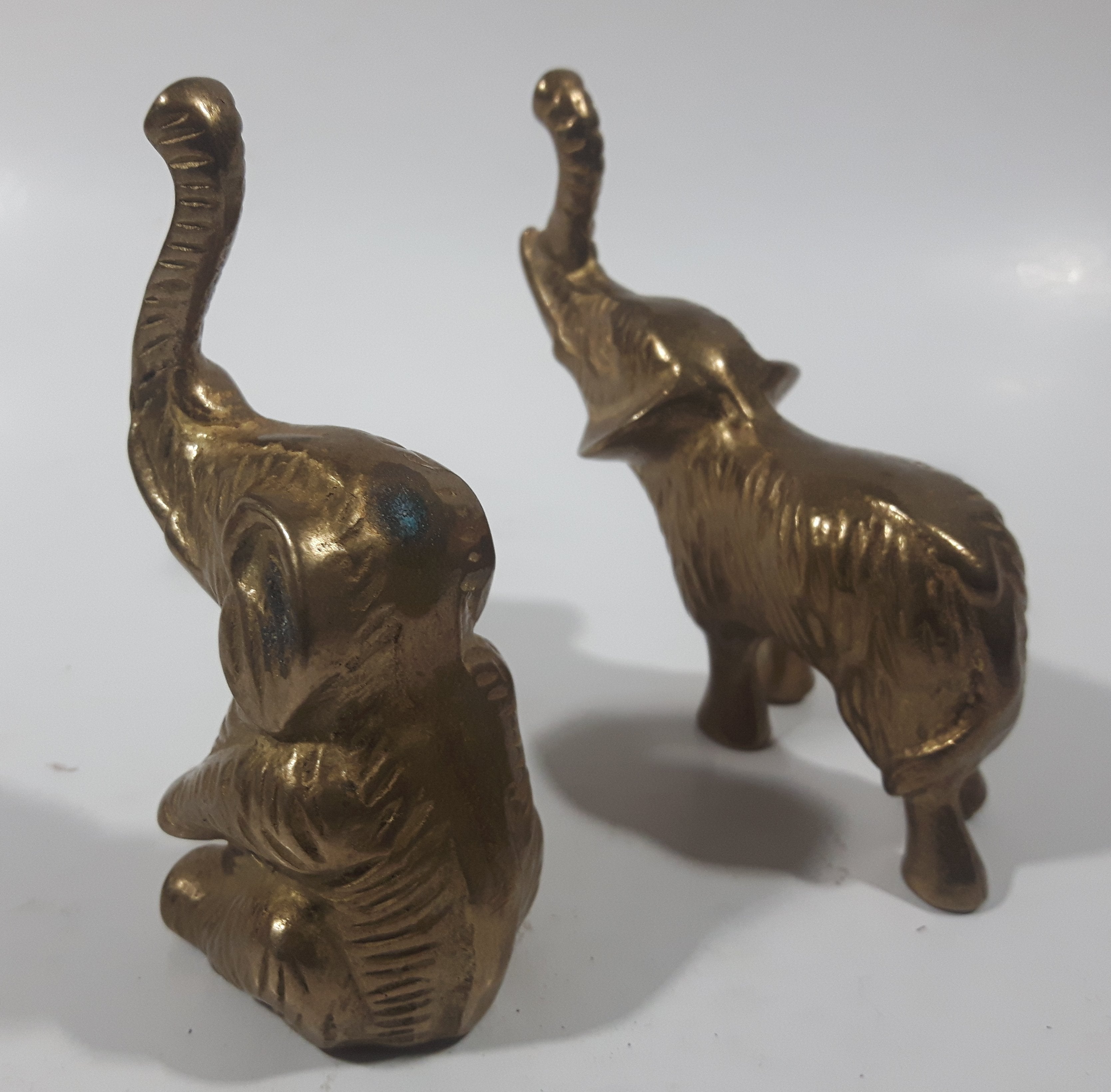 Vintage Brass Elephant Sculptures Sitting and Standing Set of 2 7