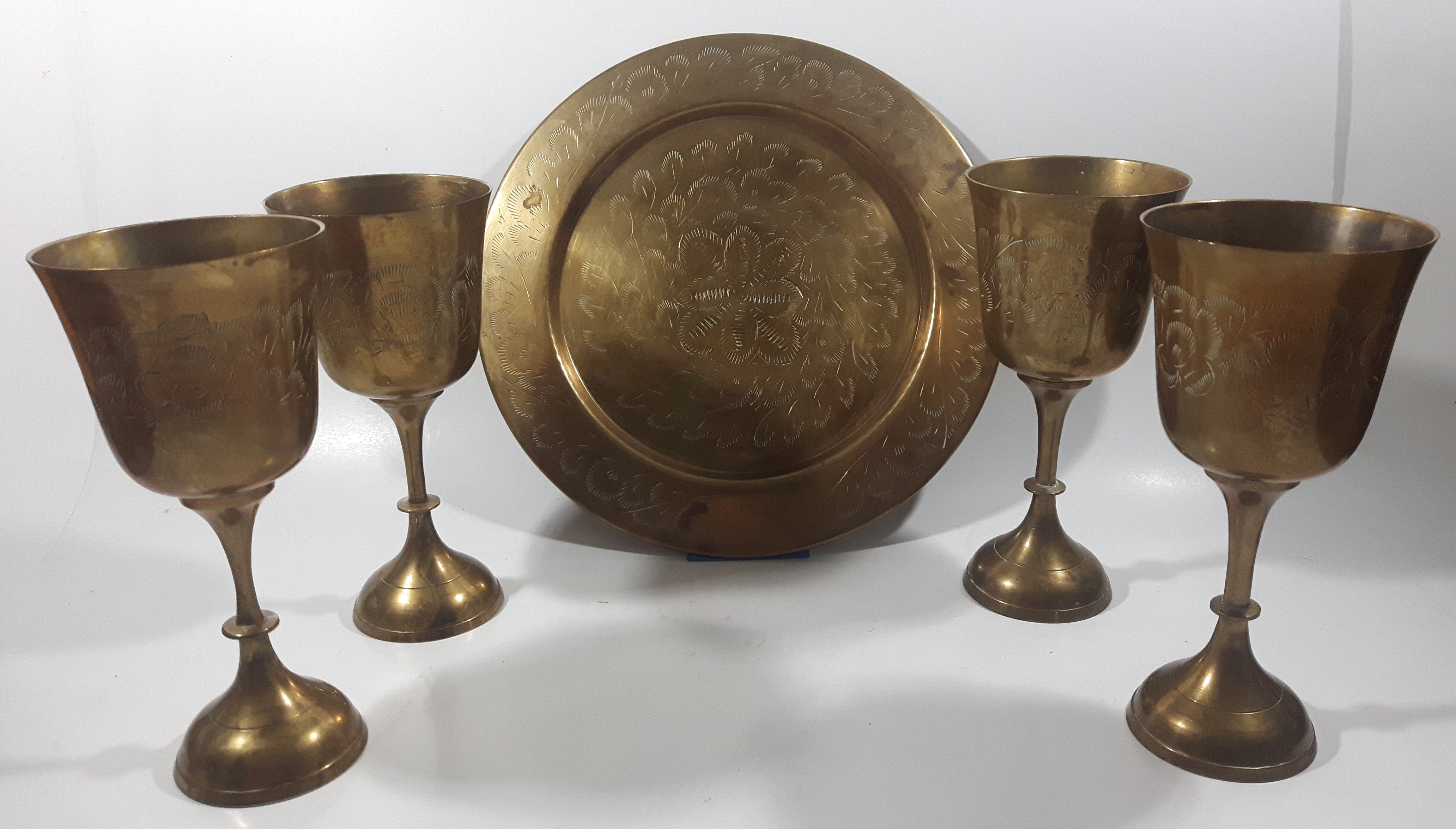 Vintage Engraved Brass Set of 4 Wine Cups and 9" Engraved Brass Serving Tray 2