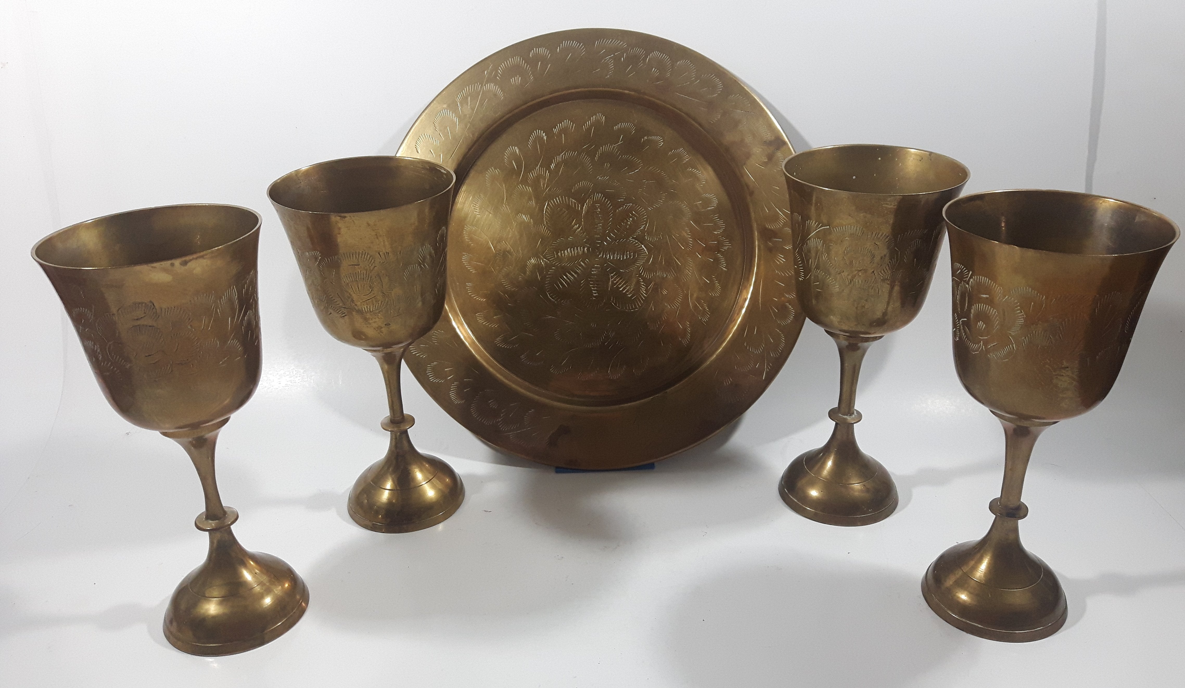 Vintage Engraved Brass Set of 4 Wine Cups and 9" Engraved Brass Serving Tray 3