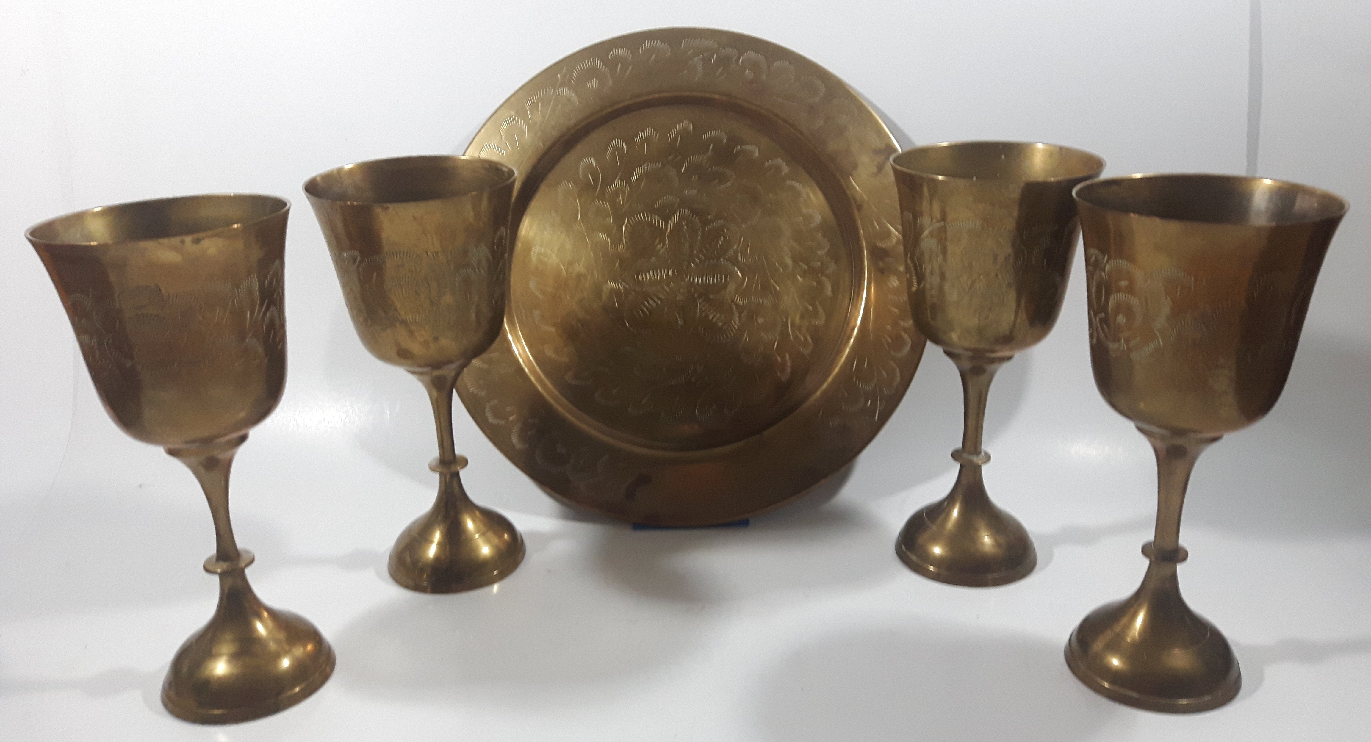 Vintage Engraved Brass Set of 4 Wine Cups and 9" Engraved Brass Serving Tray 4