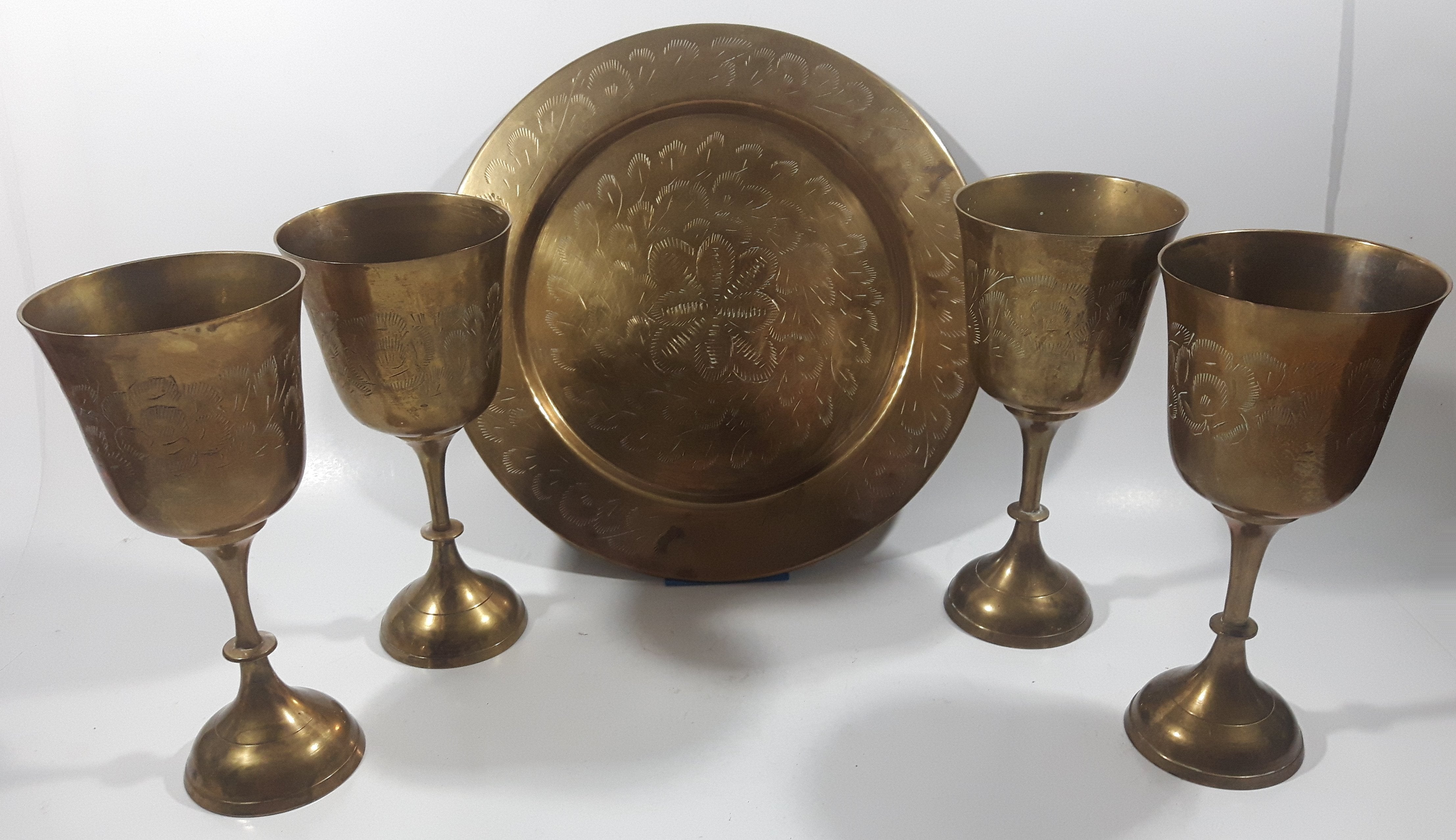 Vintage Engraved Brass Set of 4 Wine Cups and 9" Engraved Brass Serving Tray 5