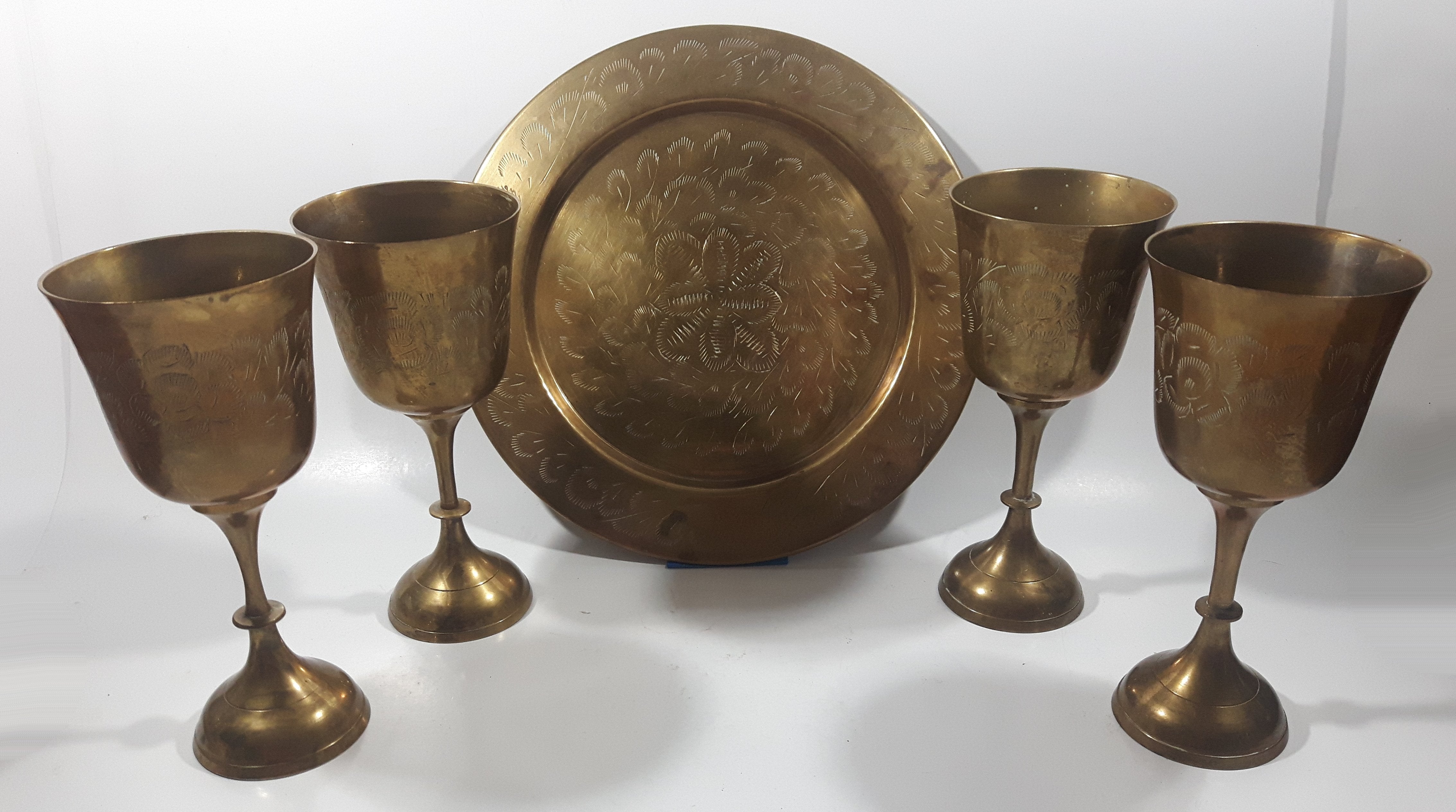 Vintage Engraved Brass Set of 4 Wine Cups and 9" Engraved Brass Serving Tray 6