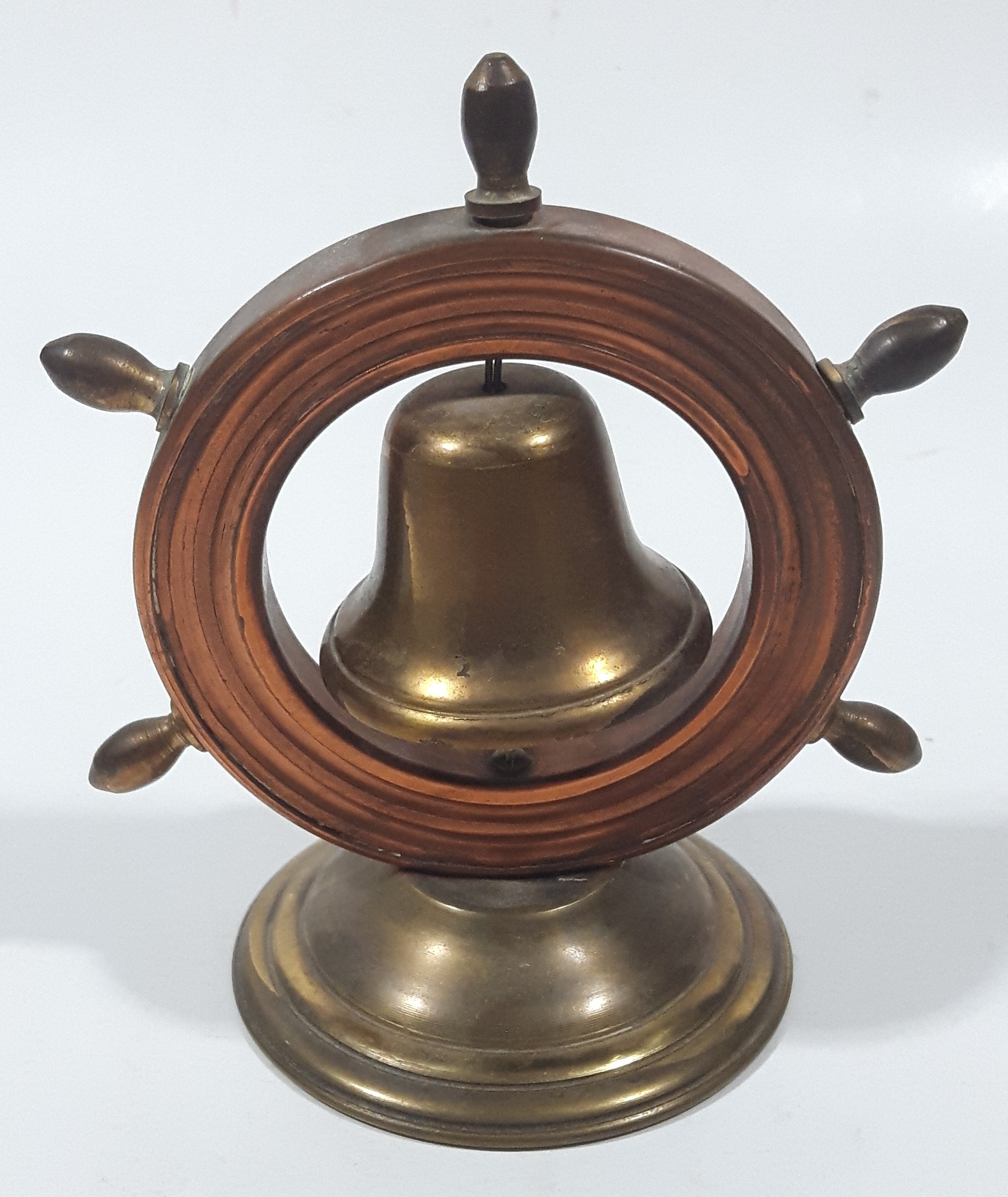 Vintage Copper Captain's Ship Wheel with Brass Bell and Base 4 1/2" Tall 13