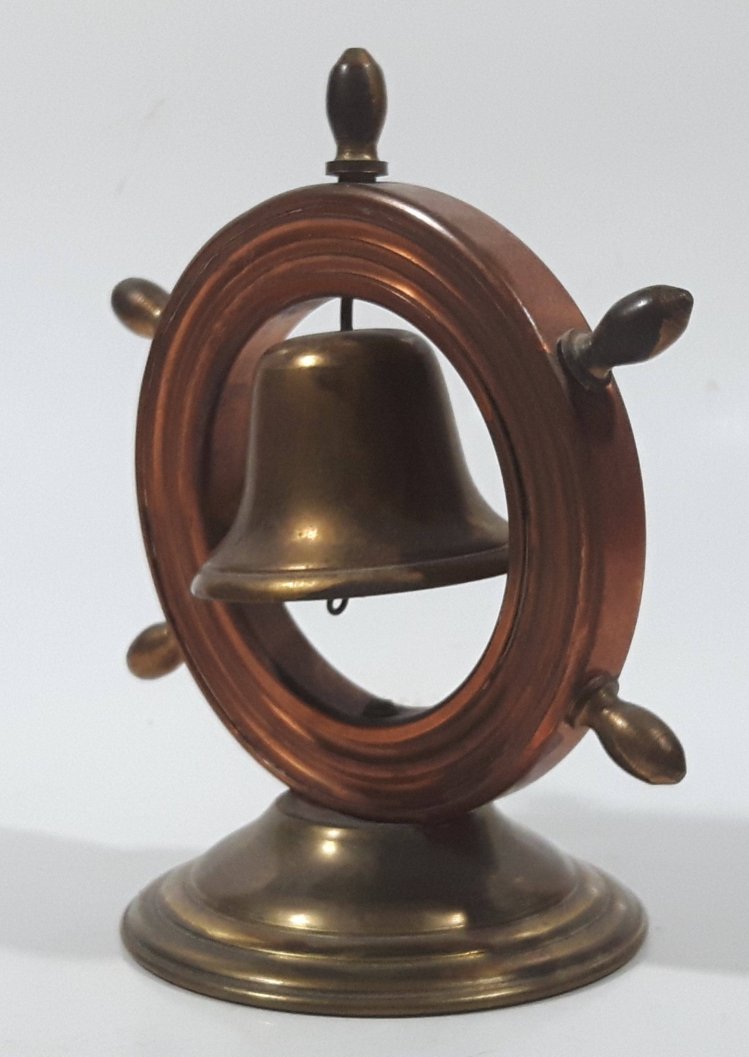 Vintage Copper Captain's Ship Wheel with Brass Bell and Base 4 1/2" Tall 2
