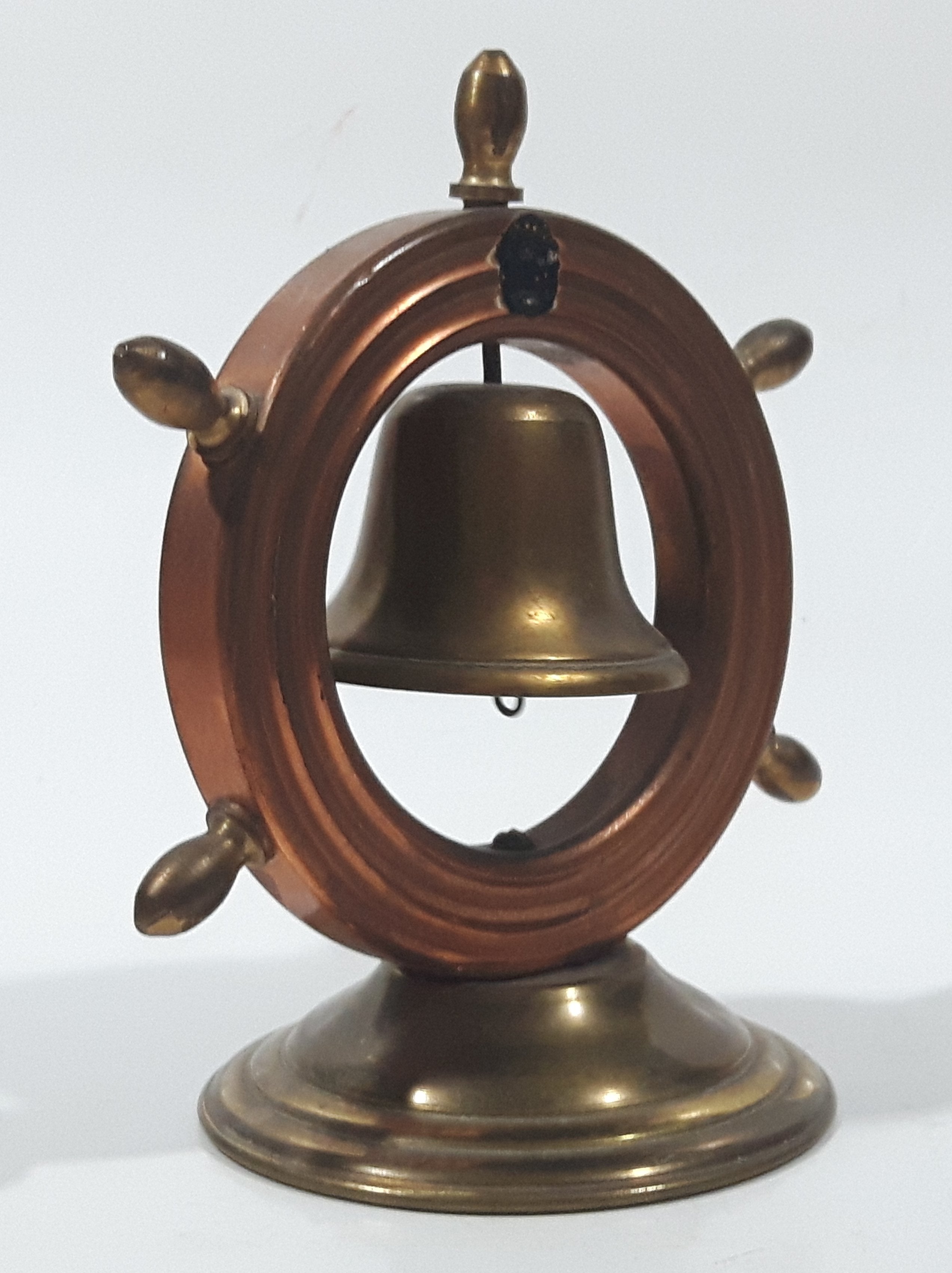 Vintage Copper Captain's Ship Wheel with Brass Bell and Base 4 1/2" Tall 4