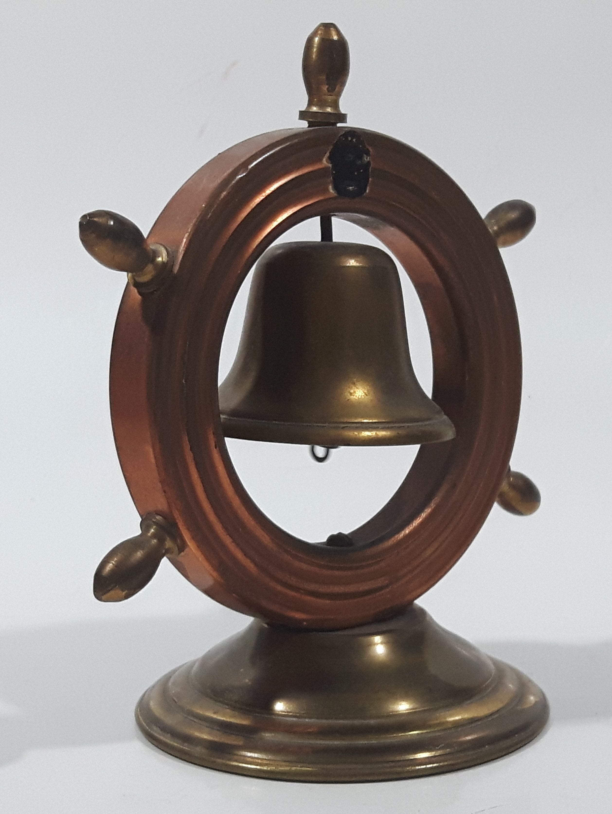 Vintage Copper Captain's Ship Wheel with Brass Bell and Base 4 1/2" Tall 5