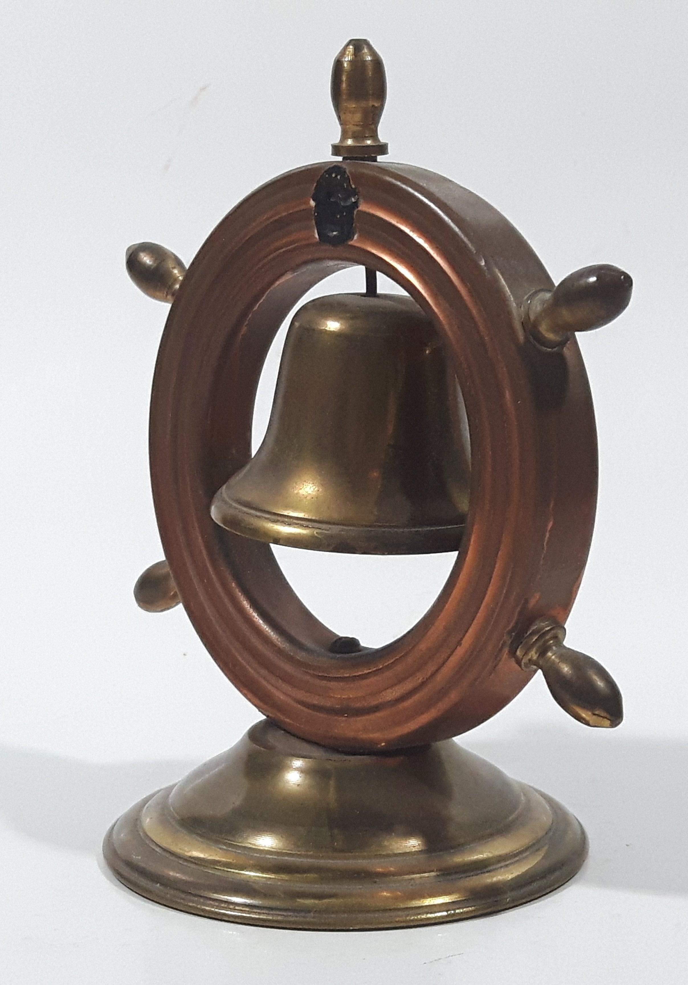 Vintage Copper Captain's Ship Wheel with Brass Bell and Base 4 1/2" Tall 7