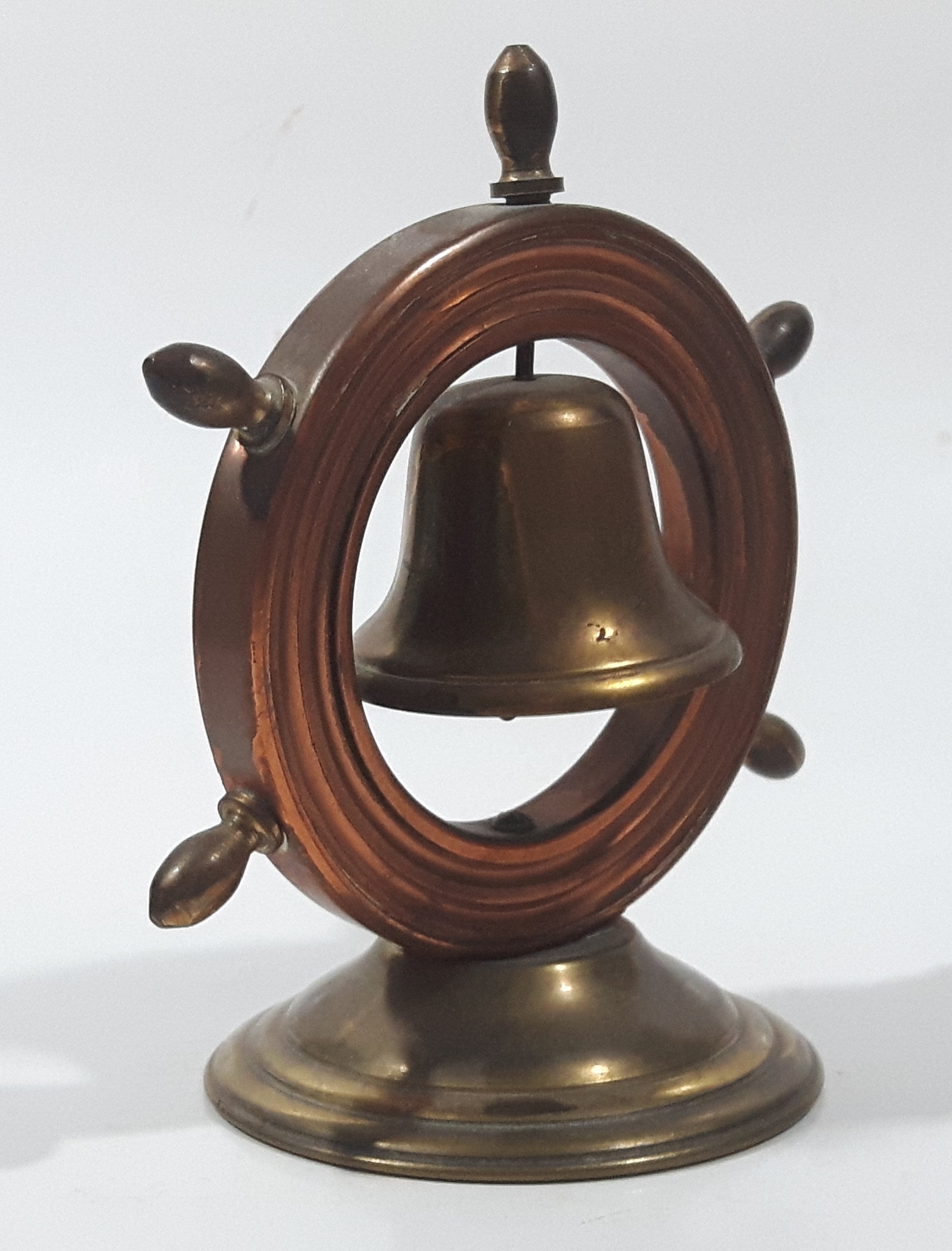 Vintage Copper Captain's Ship Wheel with Brass Bell and Base 4 1/2" Tall 9