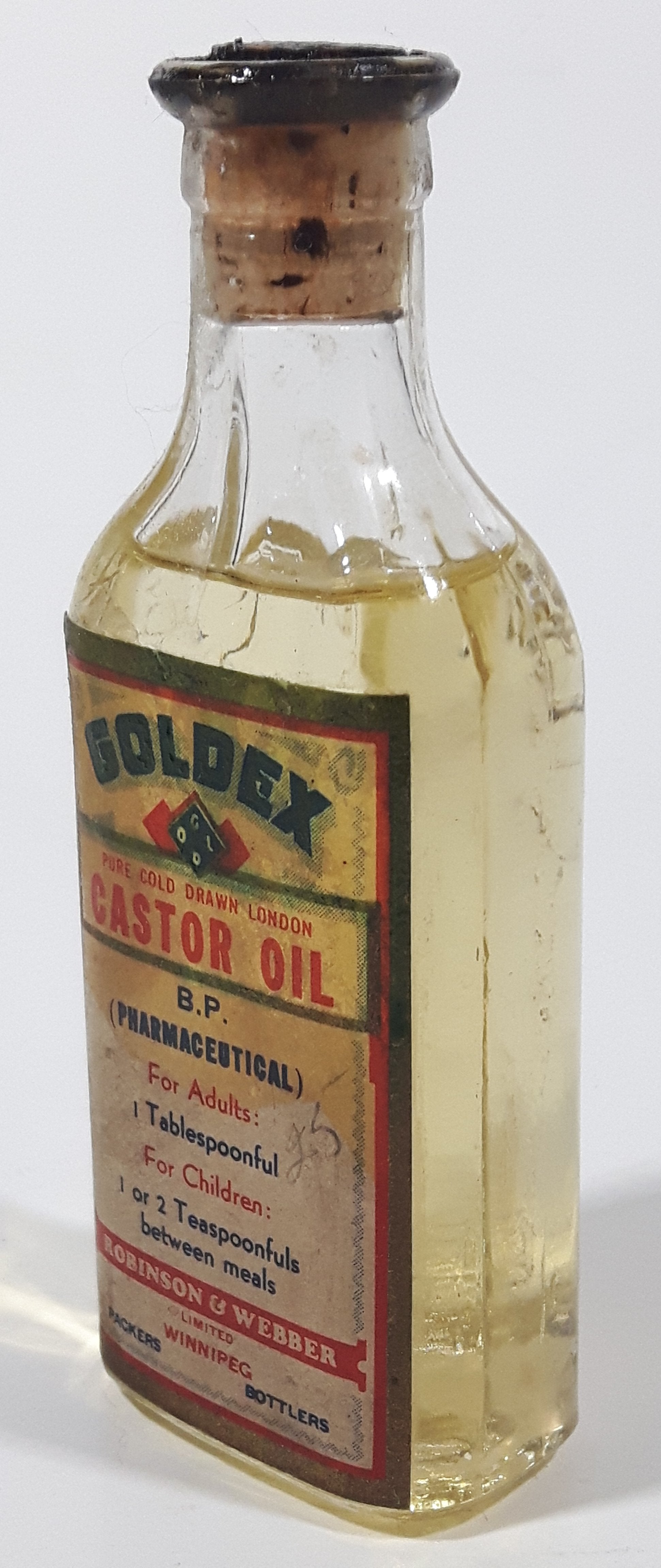 Antique Robinson & Webber Limited Winnipeg Packers Bottlers B.P. Pharmaceutical Goldex Gold Pure Cold Drawn London Castor Oil 4 1/2" Tall Glass Bottle with Cork Still FULL 2