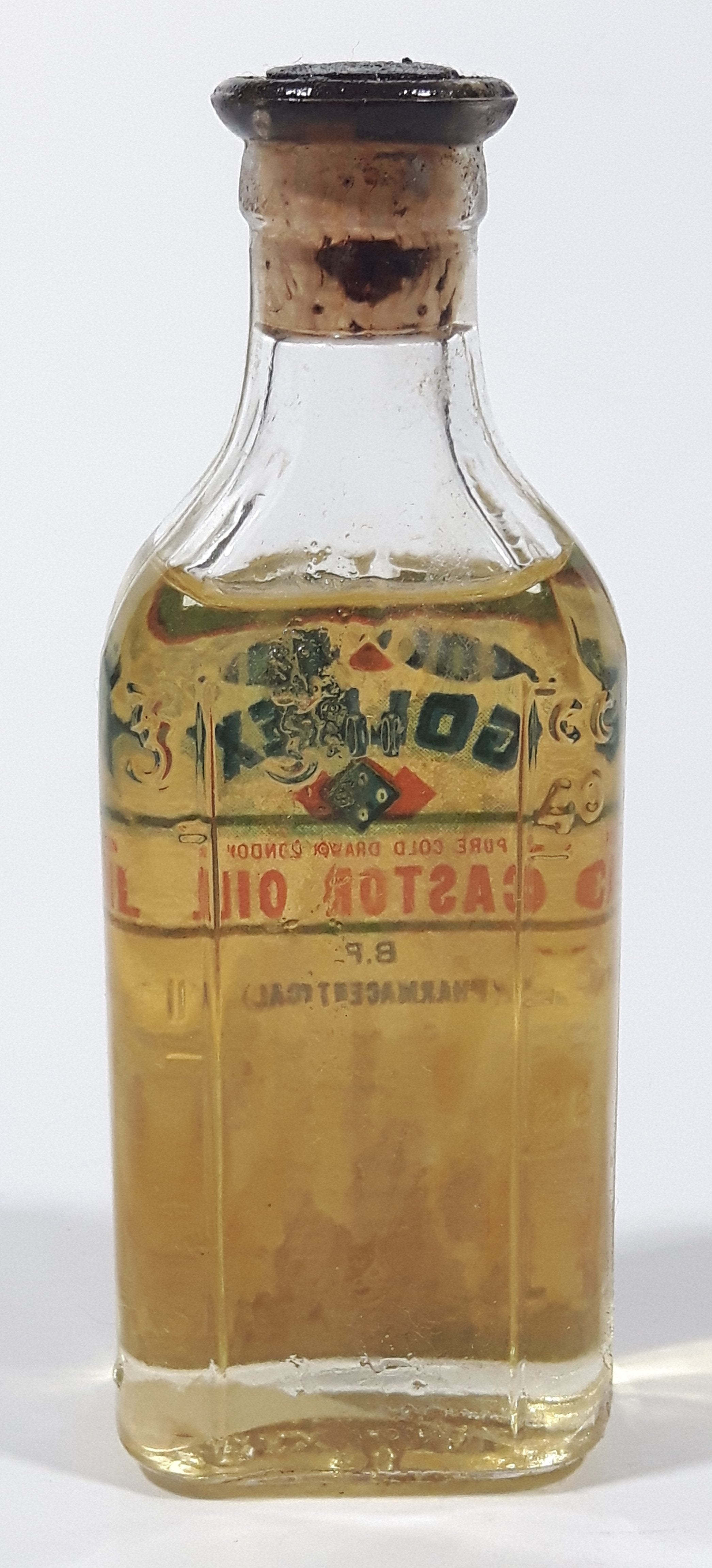Antique Robinson & Webber Limited Winnipeg Packers Bottlers B.P. Pharmaceutical Goldex Gold Pure Cold Drawn London Castor Oil 4 1/2" Tall Glass Bottle with Cork Still FULL 5