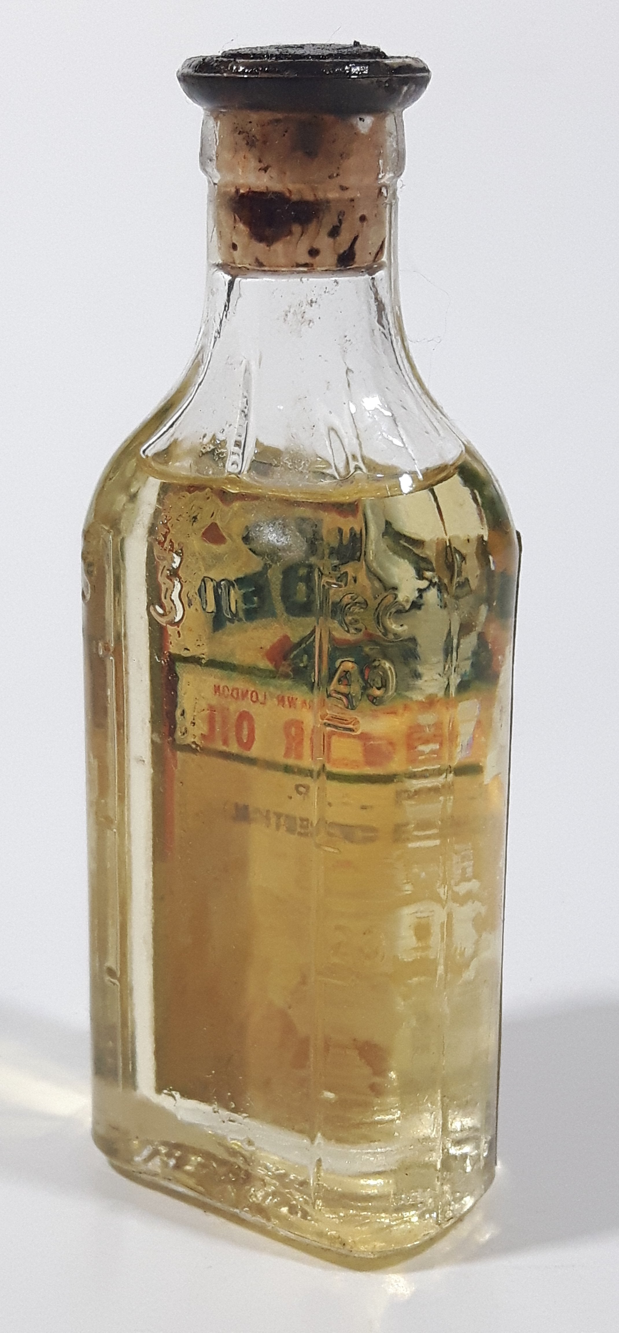 Antique Robinson & Webber Limited Winnipeg Packers Bottlers B.P. Pharmaceutical Goldex Gold Pure Cold Drawn London Castor Oil 4 1/2" Tall Glass Bottle with Cork Still FULL 6