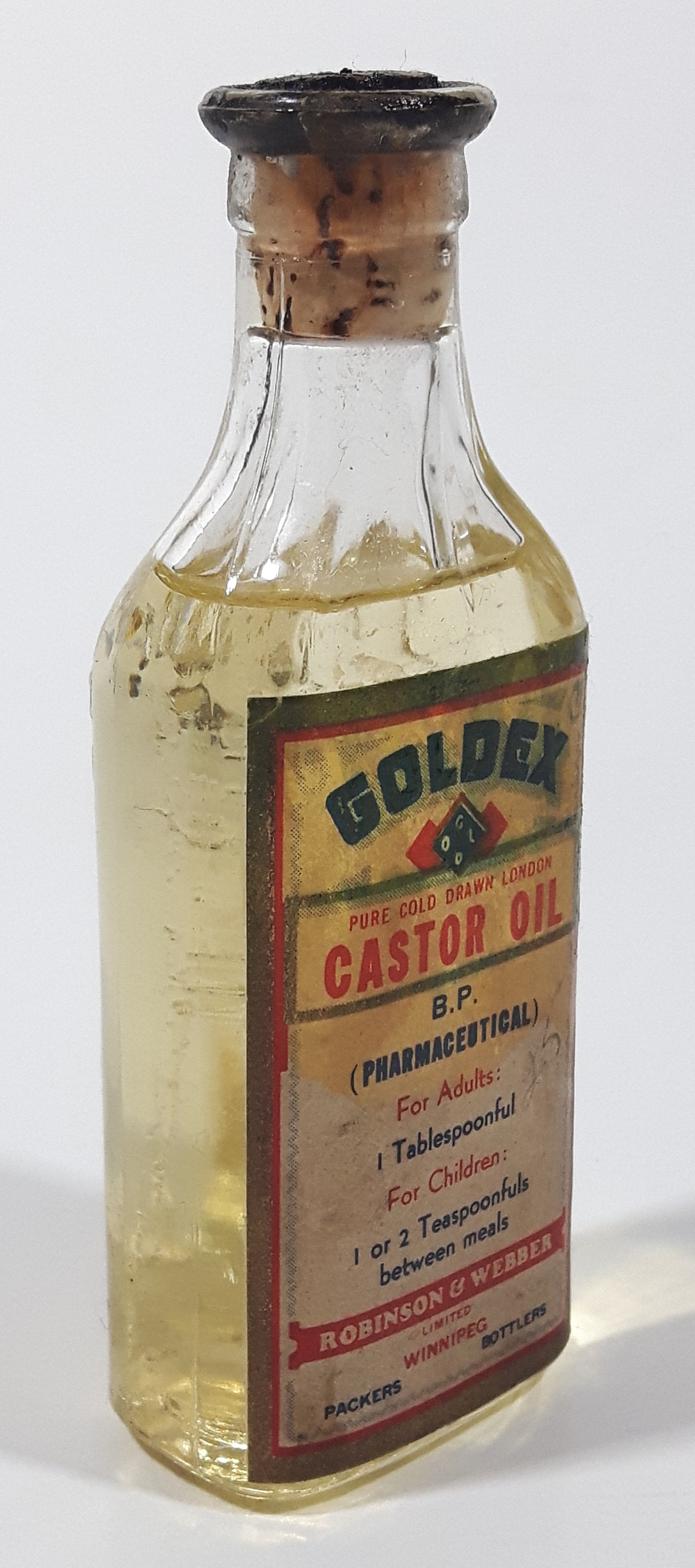 Antique Robinson & Webber Limited Winnipeg Packers Bottlers B.P. Pharmaceutical Goldex Gold Pure Cold Drawn London Castor Oil 4 1/2" Tall Glass Bottle with Cork Still FULL 8