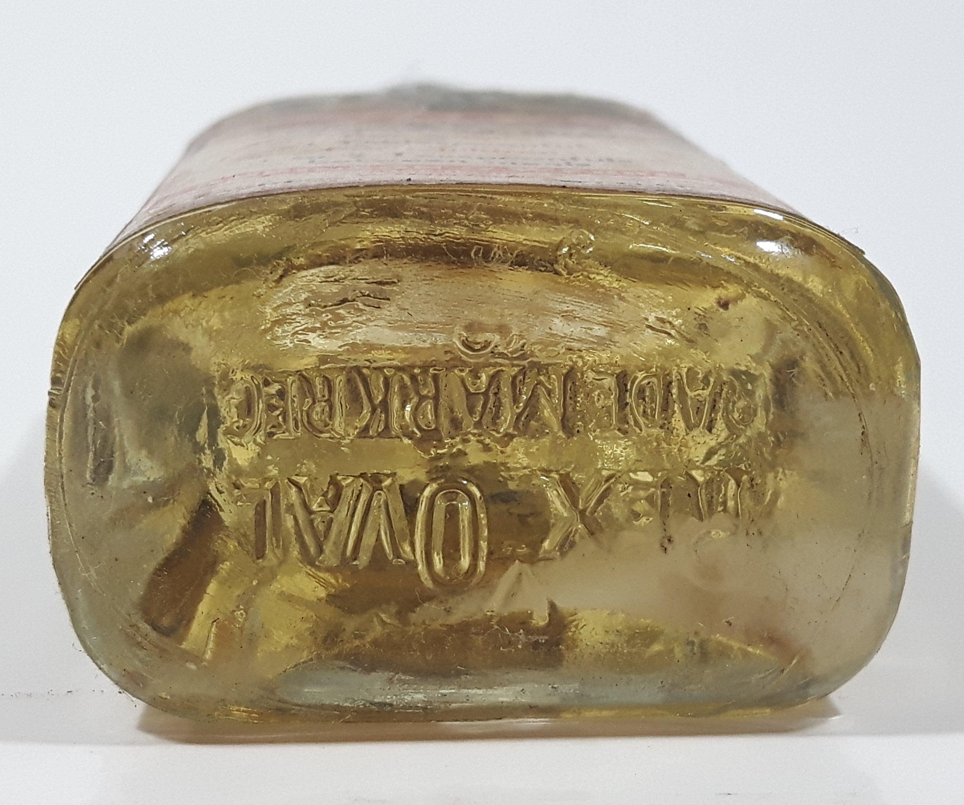Antique Robinson & Webber Limited Winnipeg Packers Bottlers B.P. Pharmaceutical Goldex Gold Pure Cold Drawn London Castor Oil 4 1/2" Tall Glass Bottle with Cork Still FULL 10