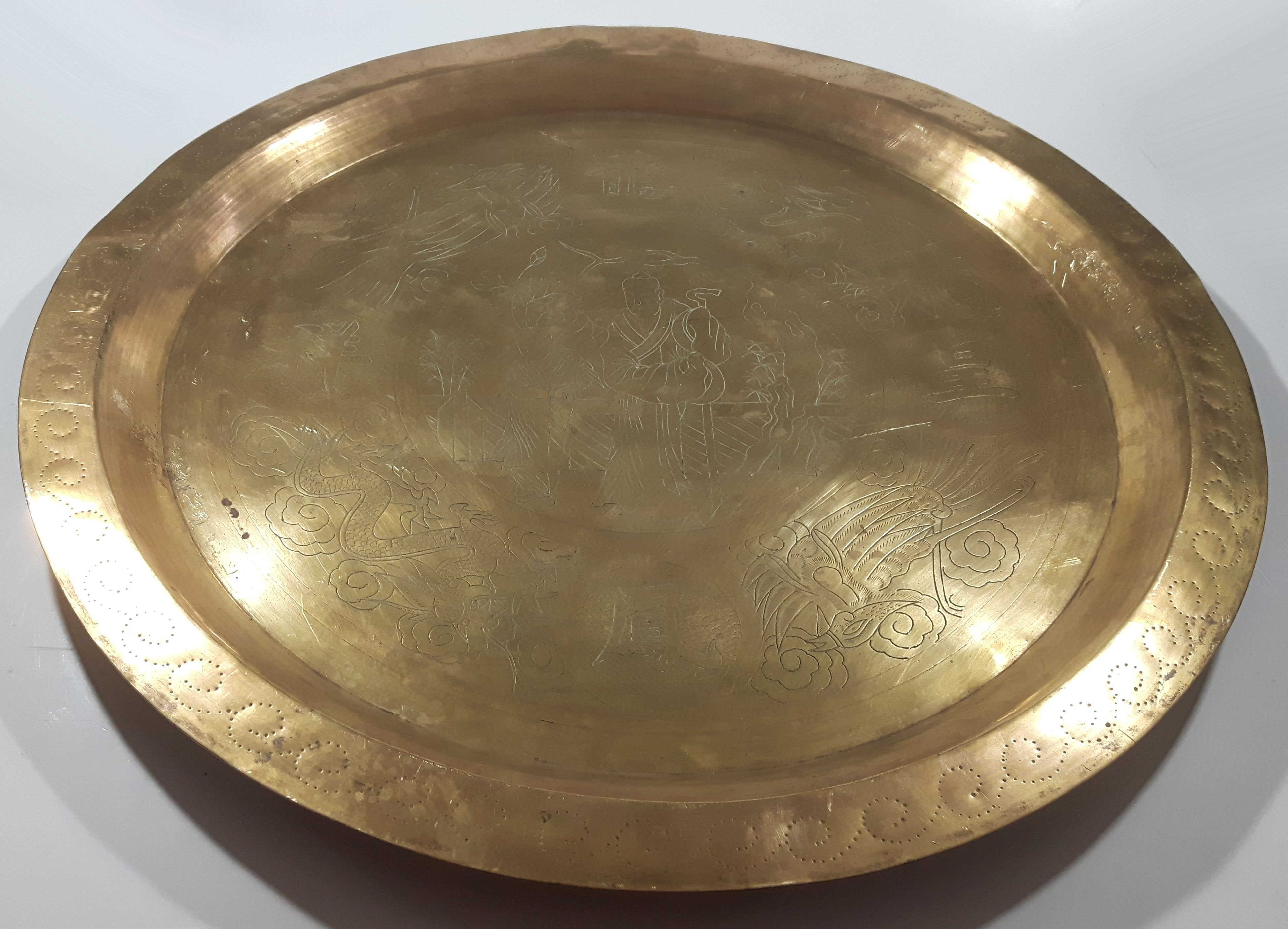 Vintage Chinese Man and Boy with Dragons and Other Mythical Creatures Engraved 17 1/4" Brass Metal Tray 2