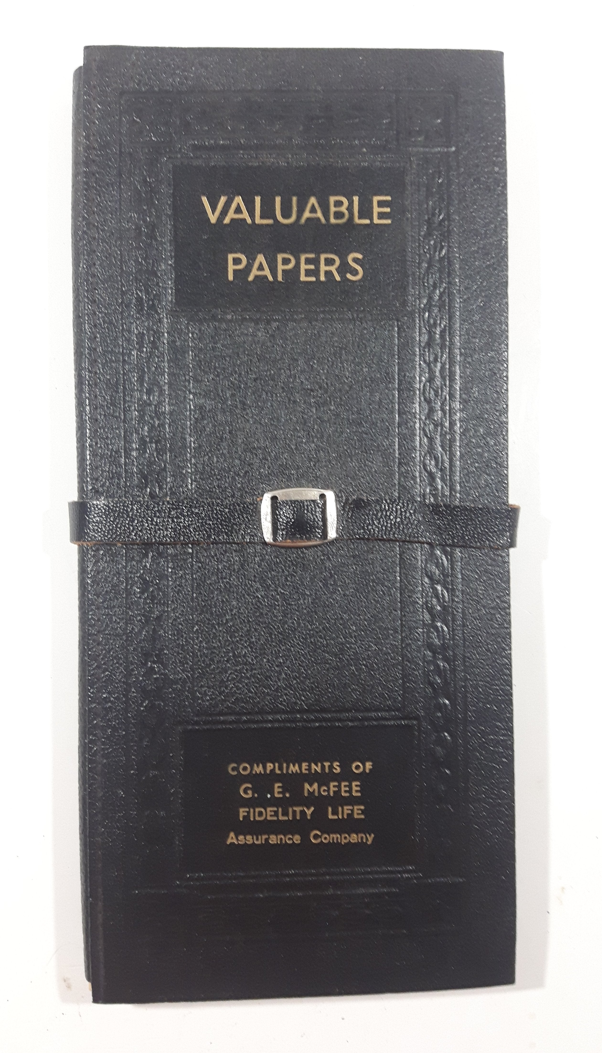 Vintage Fidelity Life Assurance Company "Valuable Papers" Black Vinyl Folder Compliments Of G. E. McFee