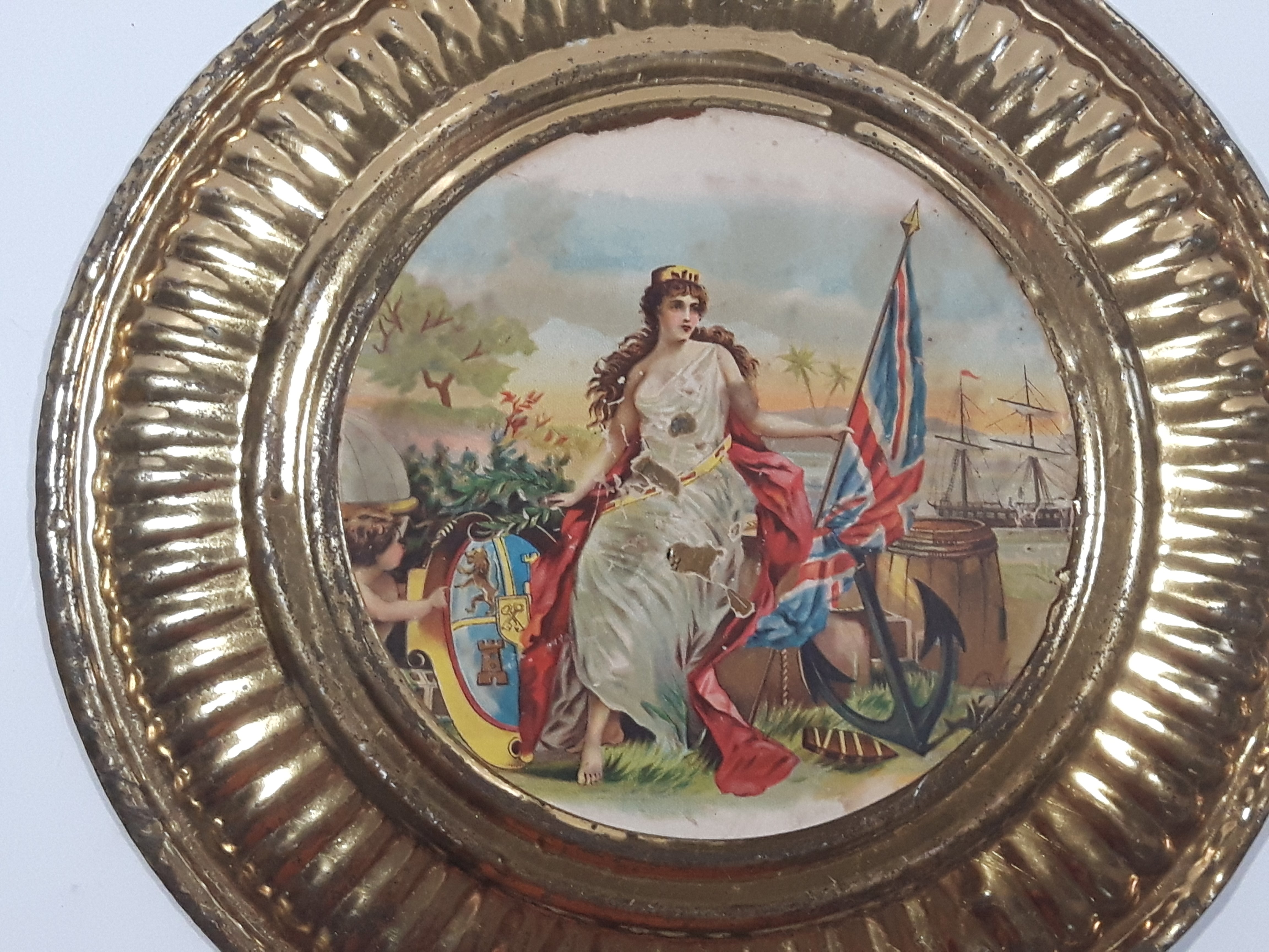 Vintage Queen Victoria Anchor Naval Beach Scene 8 1/8" Brass Toned Metal Plate 2