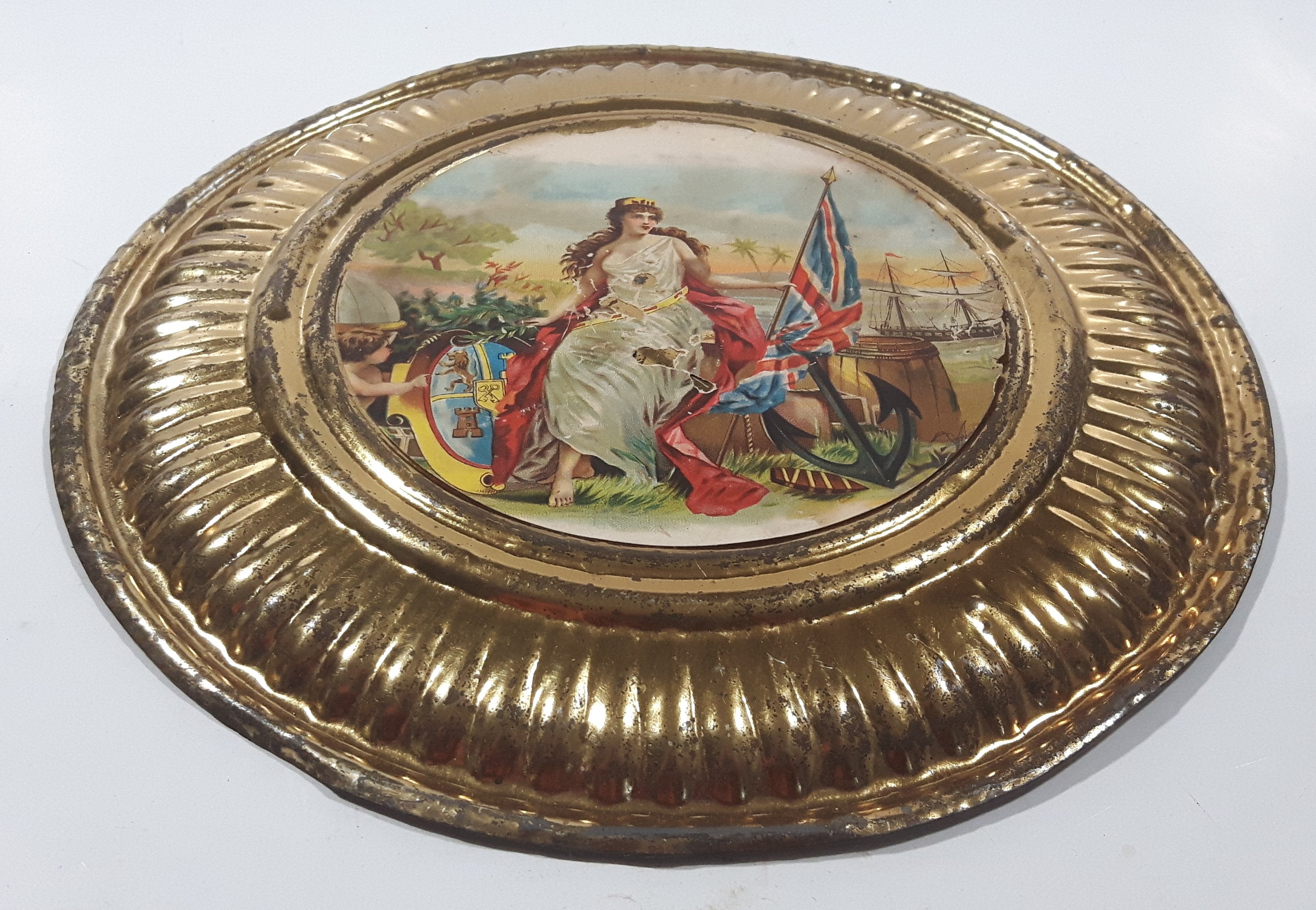 Vintage Queen Victoria Anchor Naval Beach Scene 8 1/8" Brass Toned Metal Plate 3
