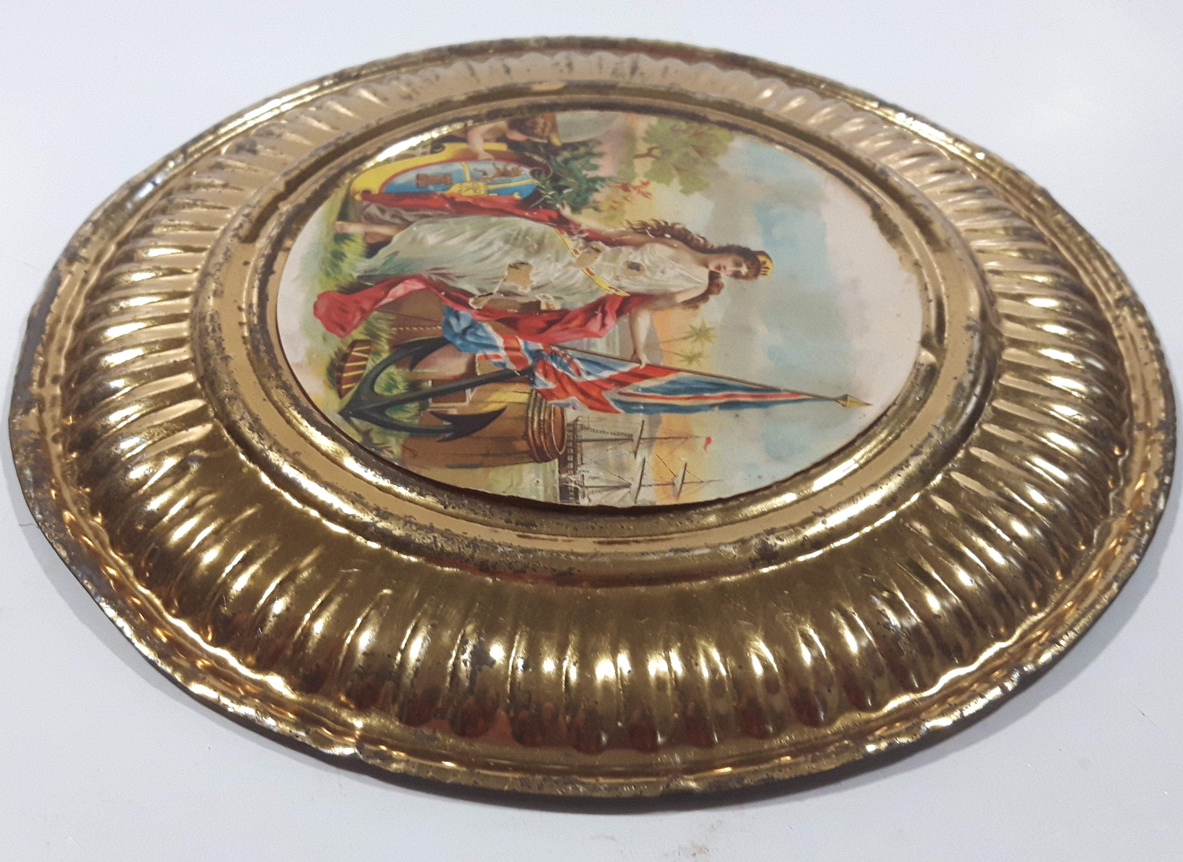 Vintage Queen Victoria Anchor Naval Beach Scene 8 1/8" Brass Toned Metal Plate 4
